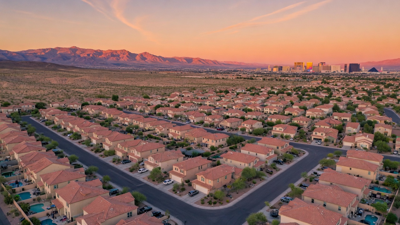 Aerial view of Las Vegas Valley residential neighborhoods at golden hour
