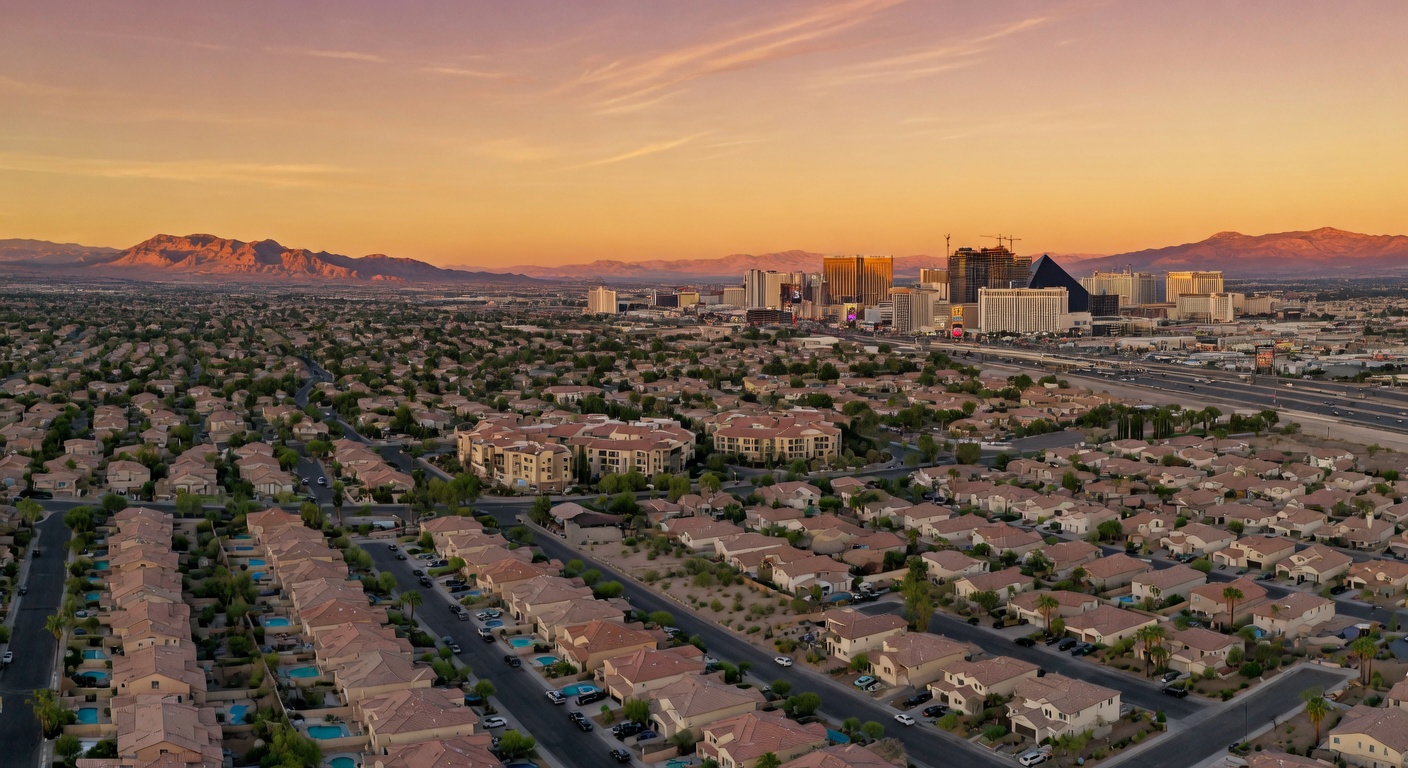 Aerial view of Las Vegas Valley neighborhoods at golden hour with mountains in the distance