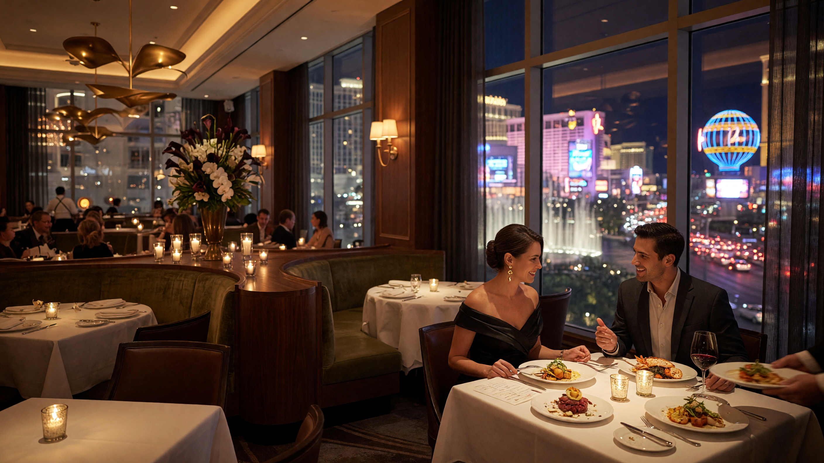 An elegant Las Vegas restaurant with warm candlelit dining and Strip views