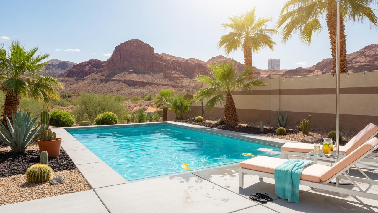 Las Vegas backyard pool on a hot summer day with desert landscaping