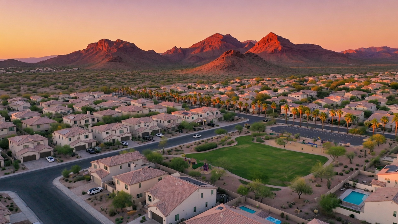 Modern Las Vegas suburban neighborhood with red rock mountains in the background during golden hour