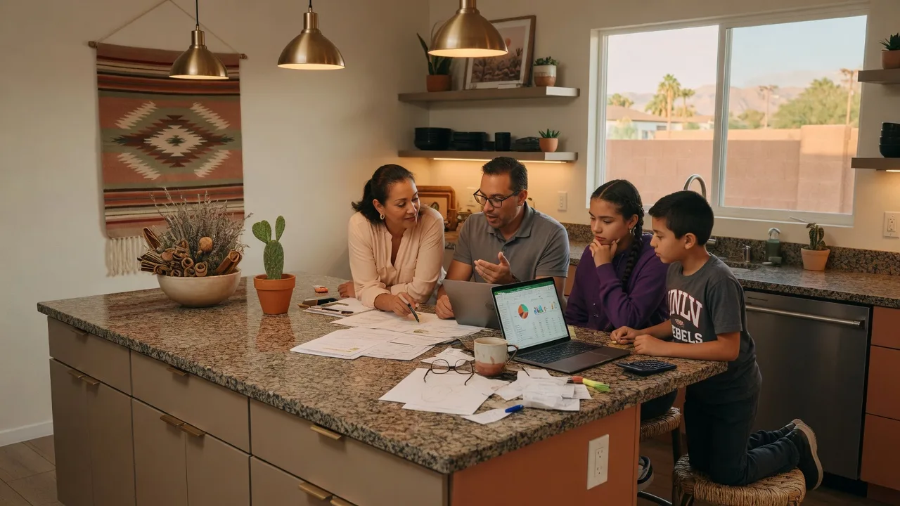 Familia hispana reunida en la cocina de su hogar en Las Vegas revisando presupuesto