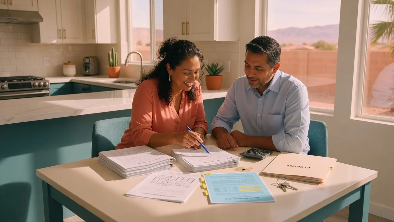 Pareja hispana revisando documentos de escrow en una cocina luminosa de Las Vegas