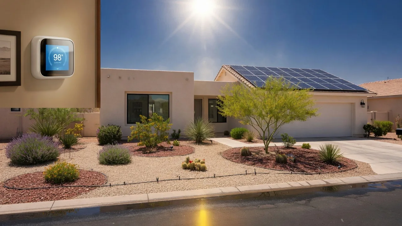 Las Vegas home exterior during peak summer heat with desert xeriscaped yard, solar panels, and efficient landscaping