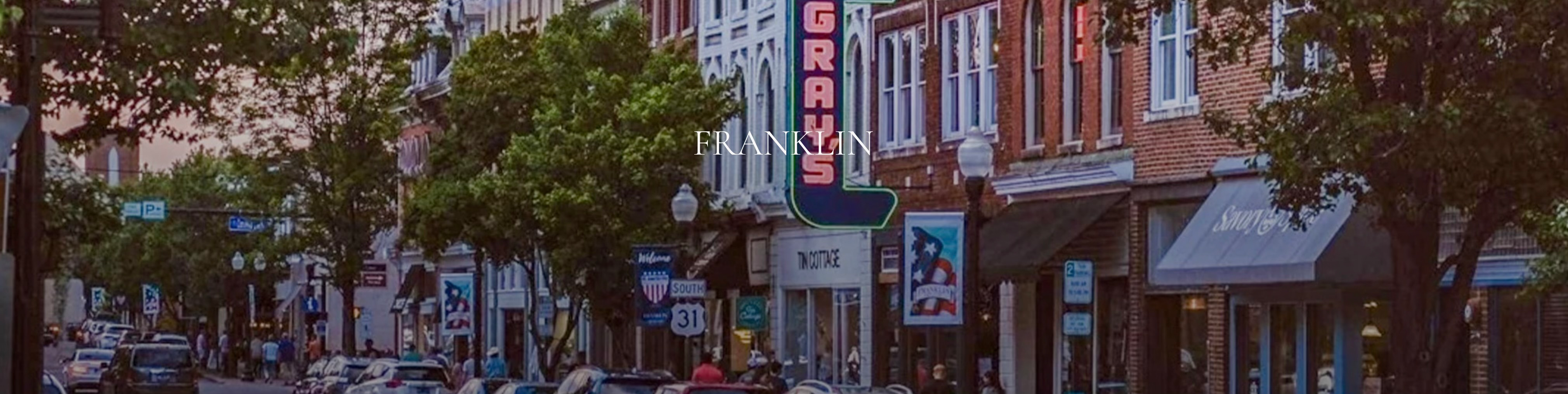 Historic downtown Franklin Tennessee main street with brick storefronts
