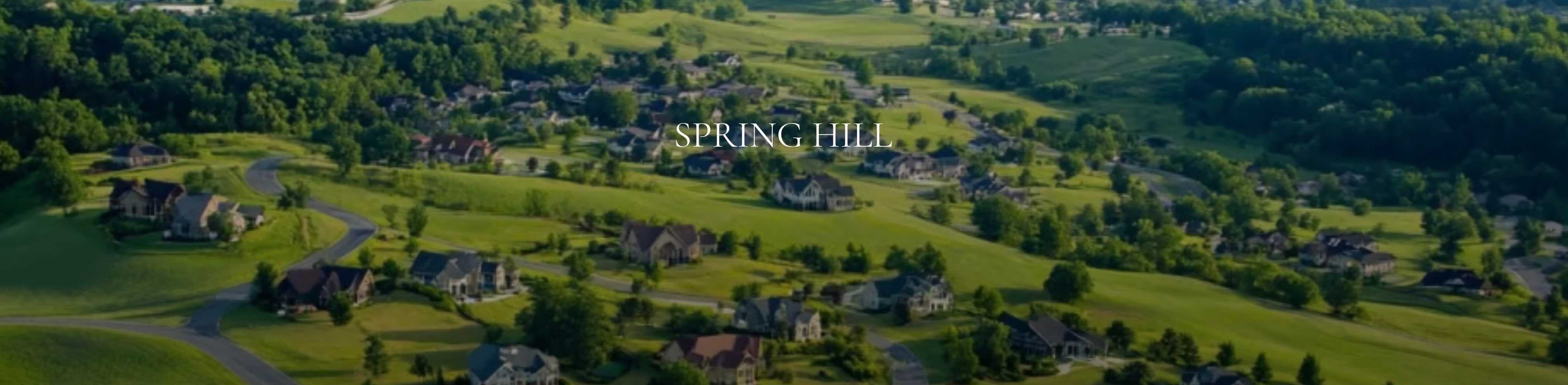 Aerial view of a sprawling green neighborhood in Spring Hill with rolling hills