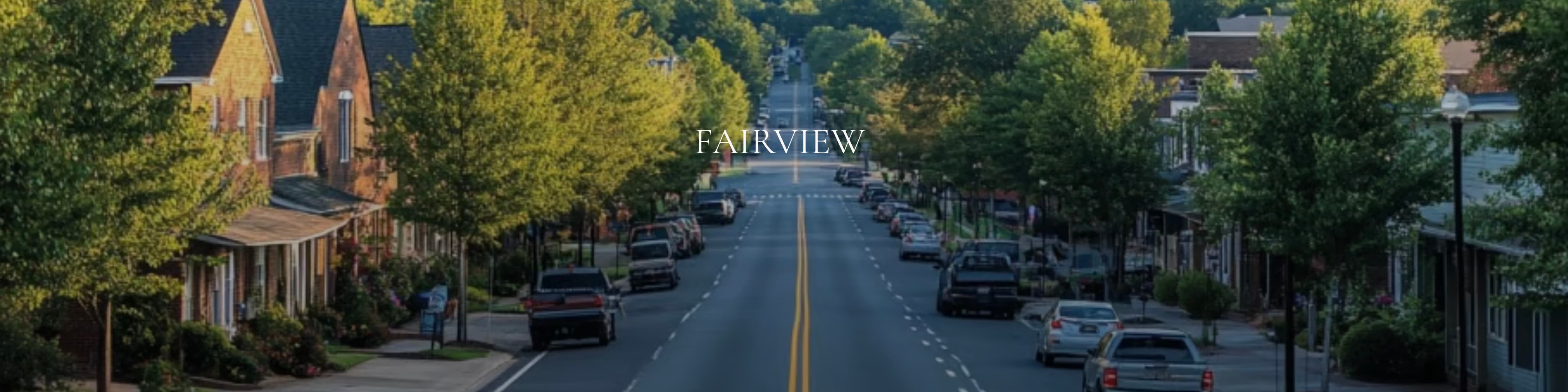 Elevated wide-angle view of a tree-lined main street with brick buildings in Fairview