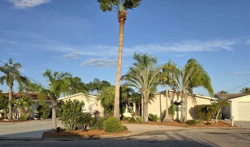 Street view of the home with palm trees and bright afternoon sky