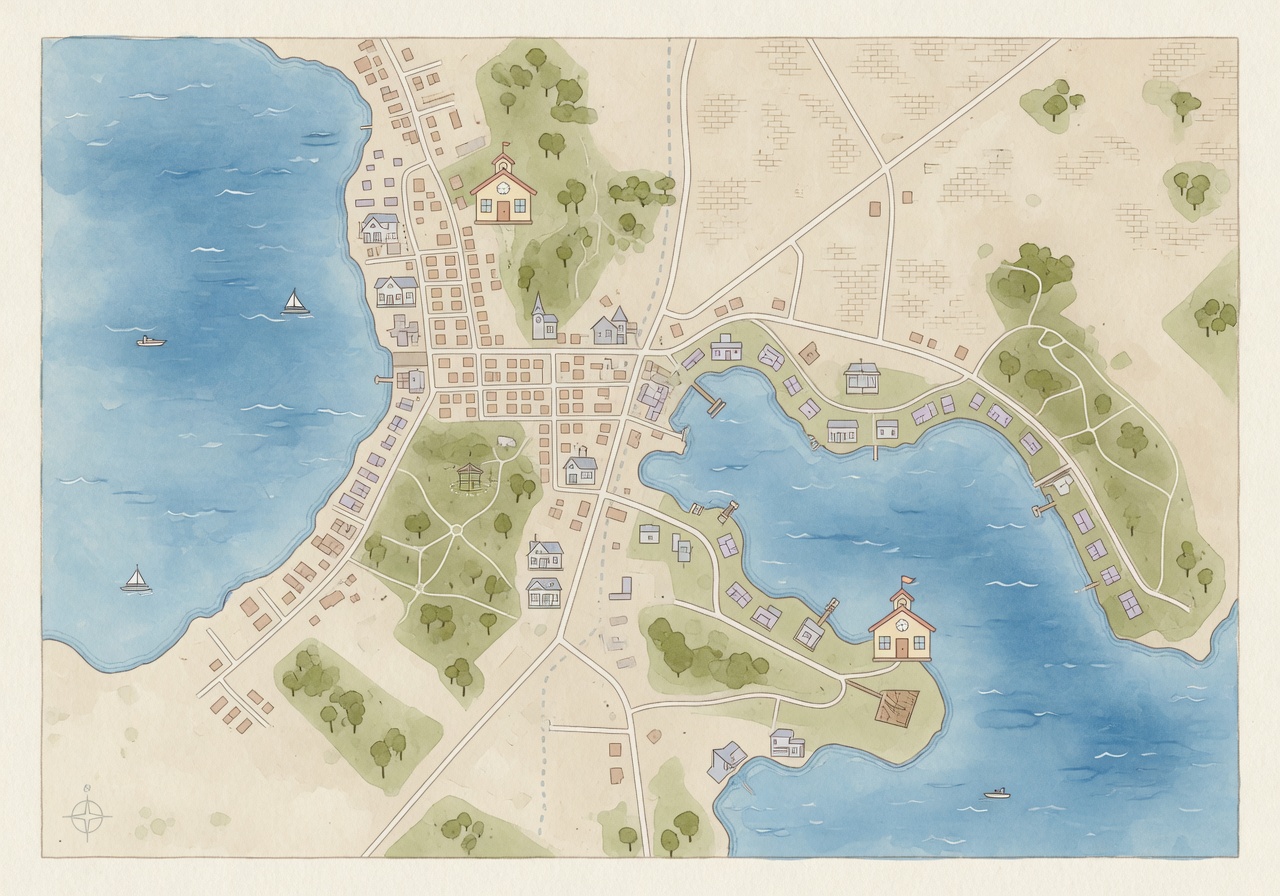 Watercolor map of Mooresville showing historic and lakefront divides