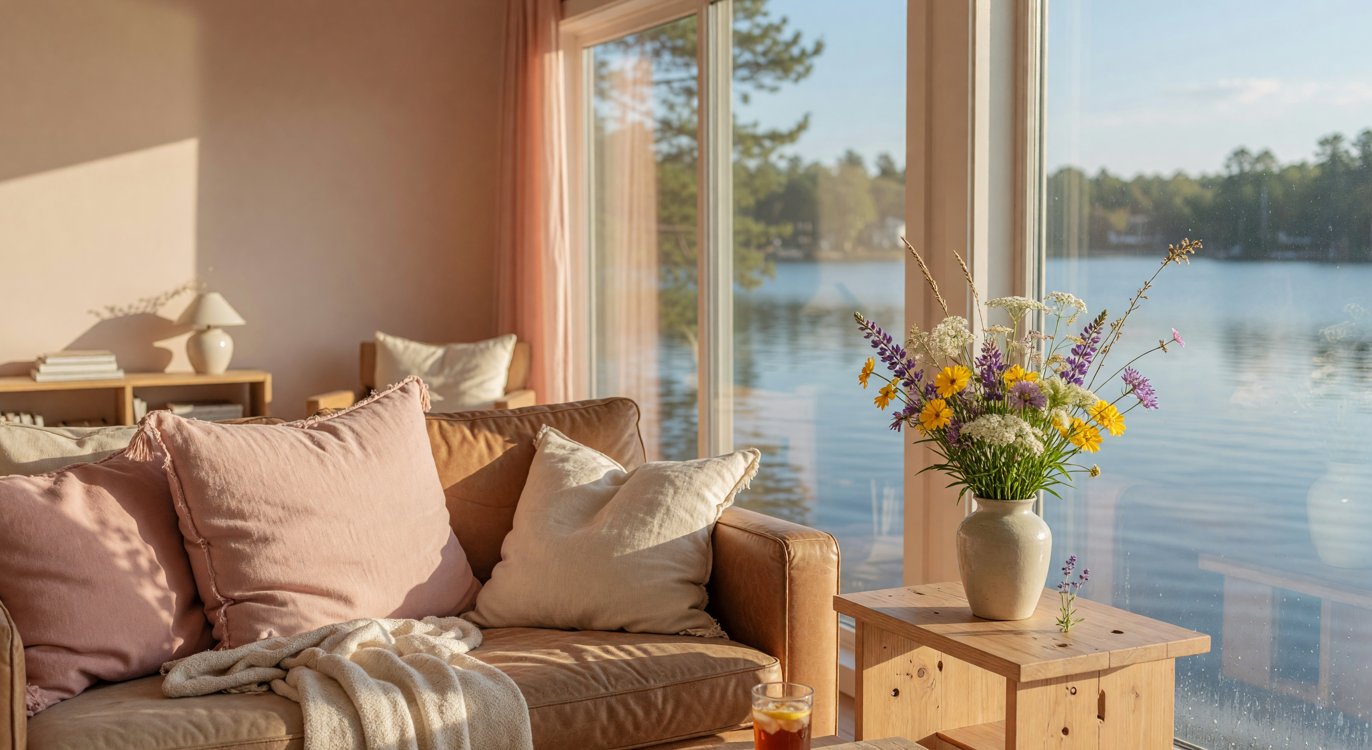 Sunlit cozy waterside living space reflecting warm pink and cream tones