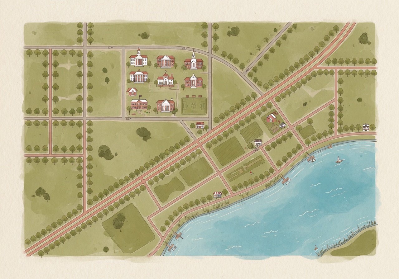 Watercolor map of Davidson showing college and lake inlets