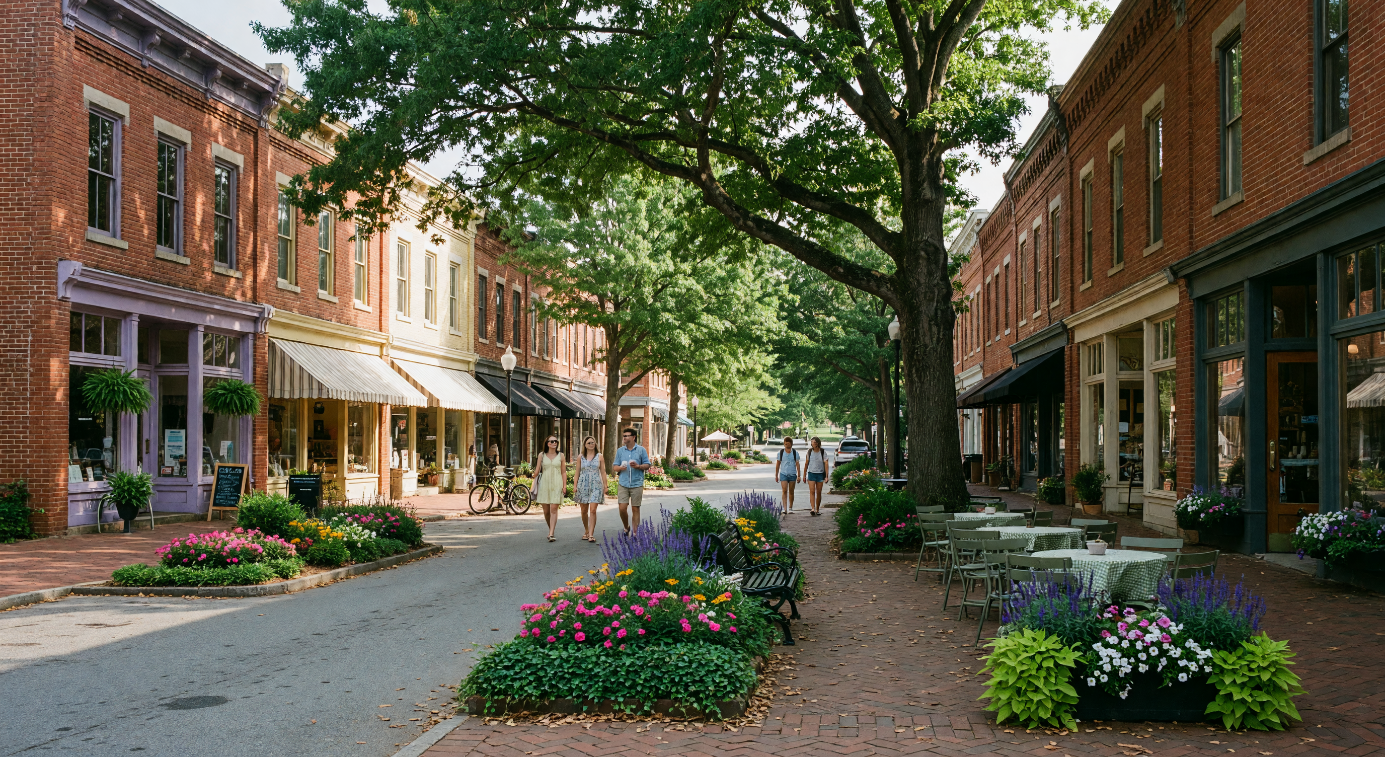 Main Street and historic storefronts of Davidson, NC