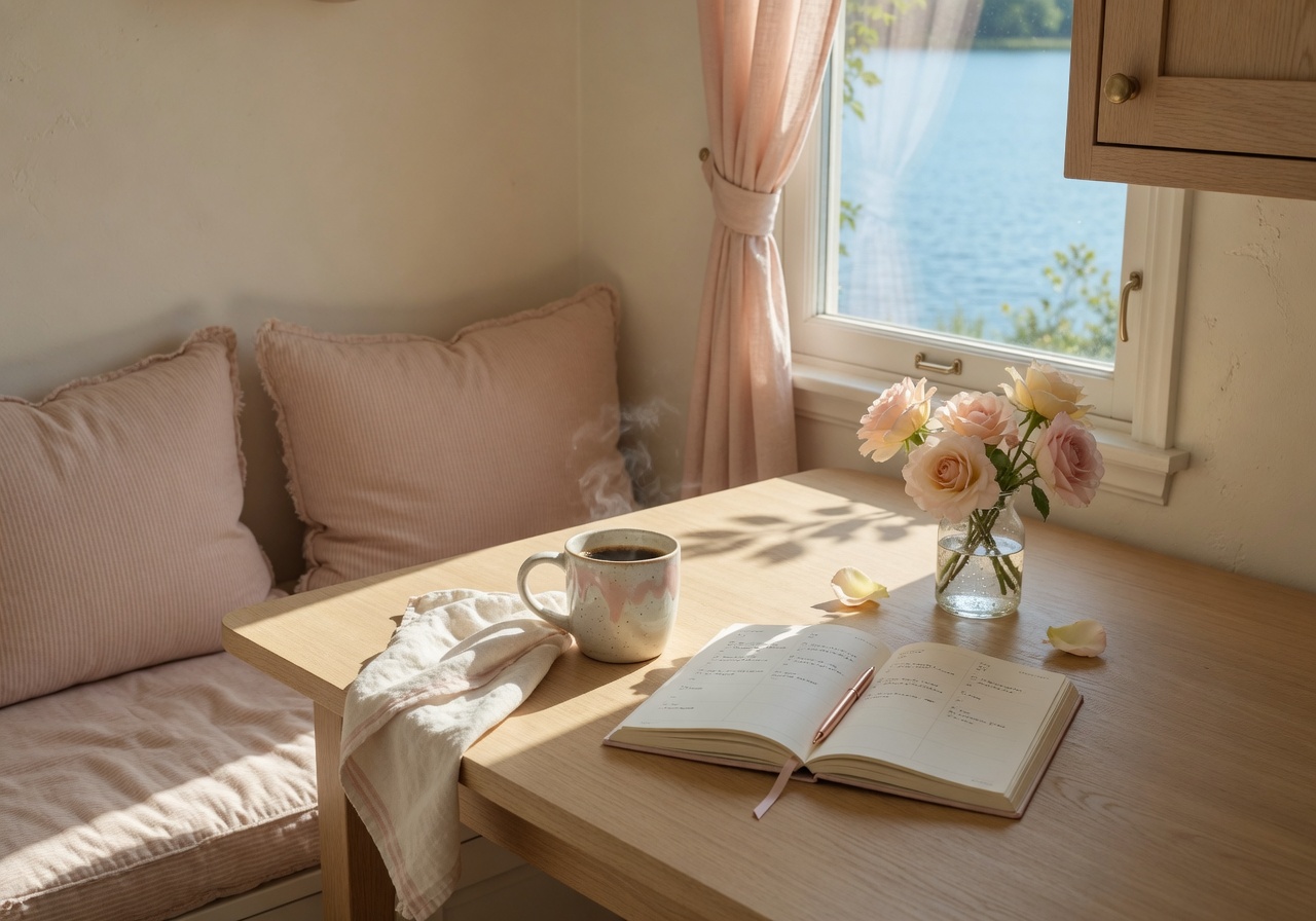 Beautiful sunlit kitchen table scene in Huntersville NC with hot coffee and home planning