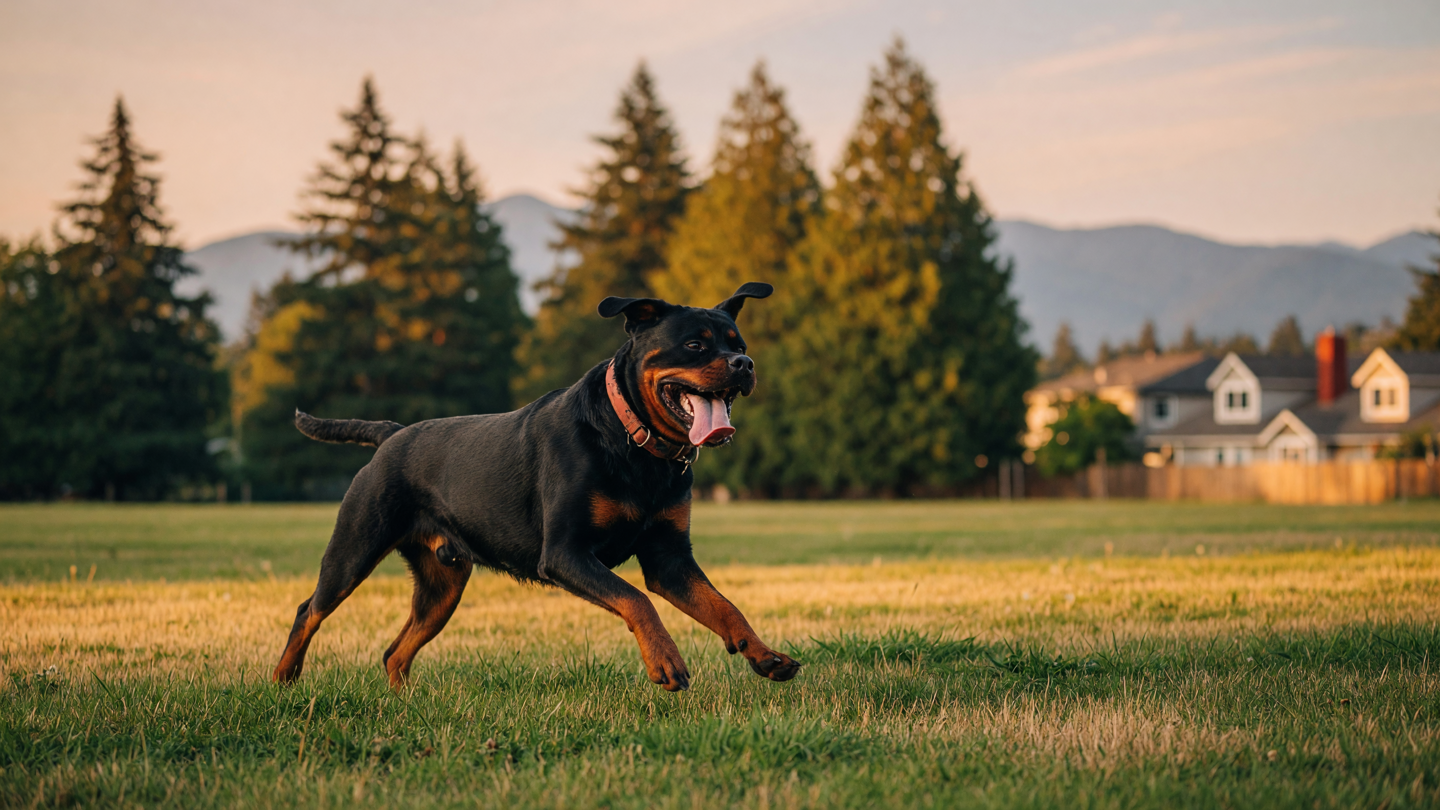 A large Rottweiler running freely through a spacious grassy field in a Victoria BC neighbourhood with mountain views