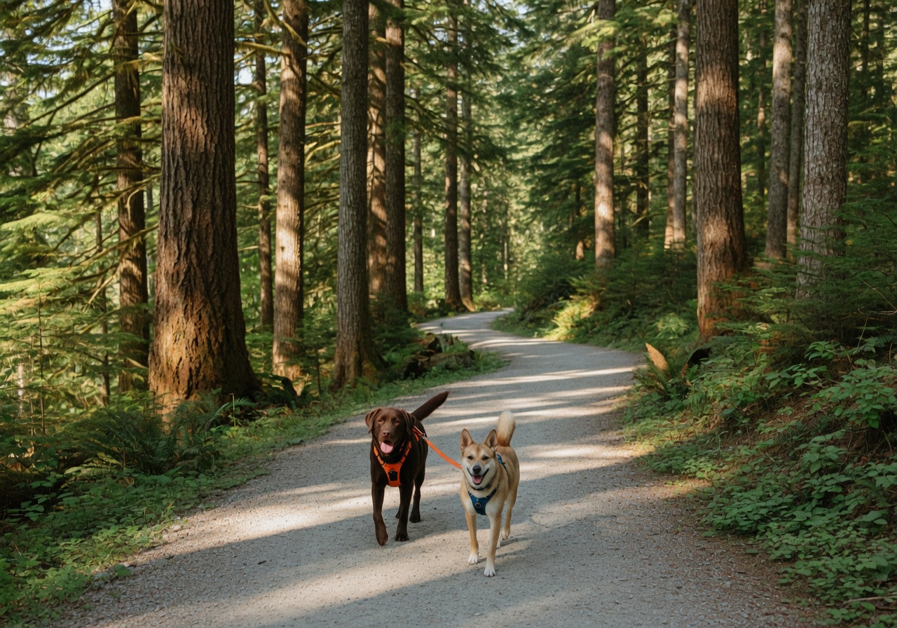 Dogs walking on a forest trail in Greater Victoria