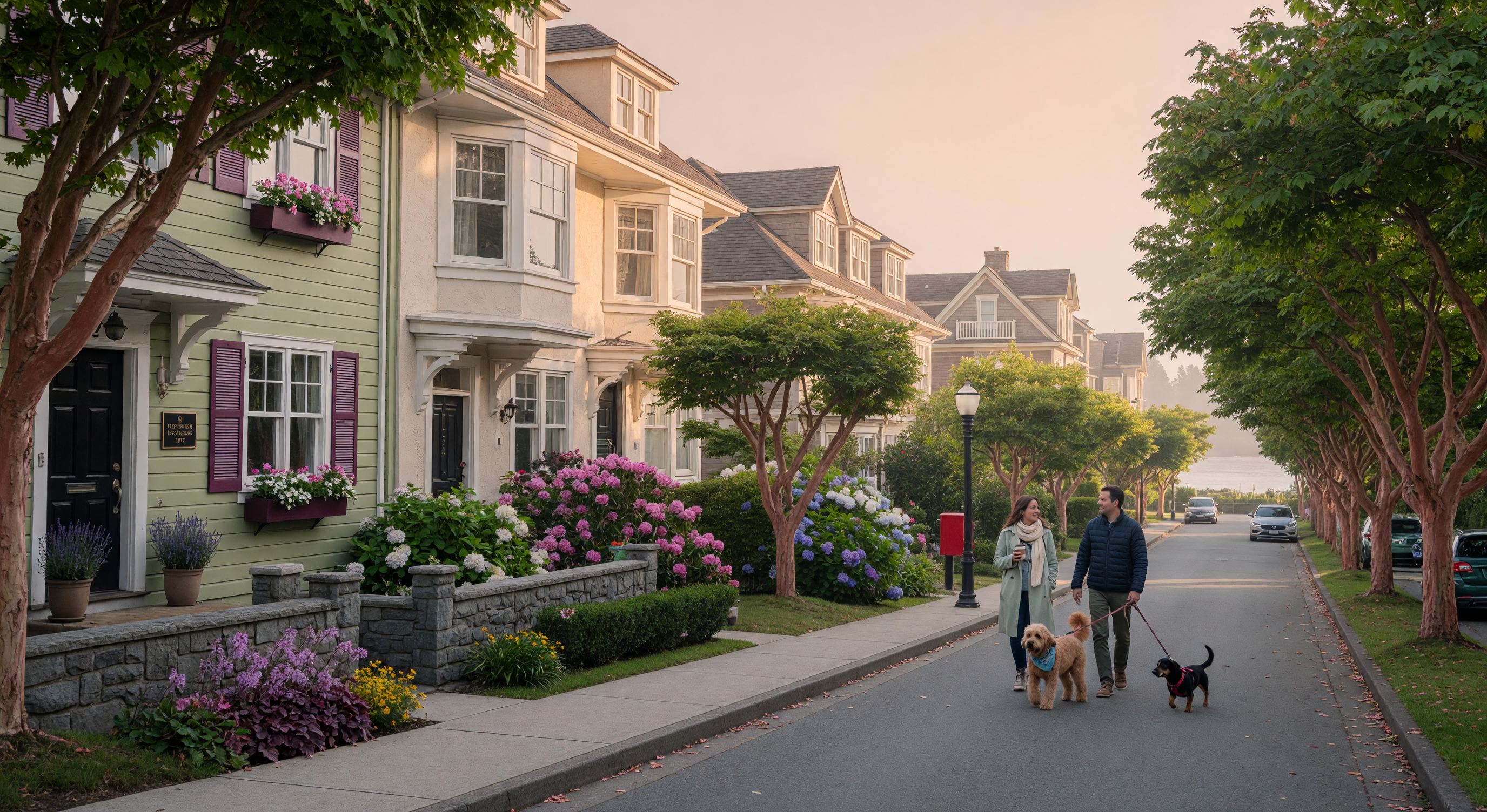 Tree-lined residential street in Victoria BC with condos and mature trees