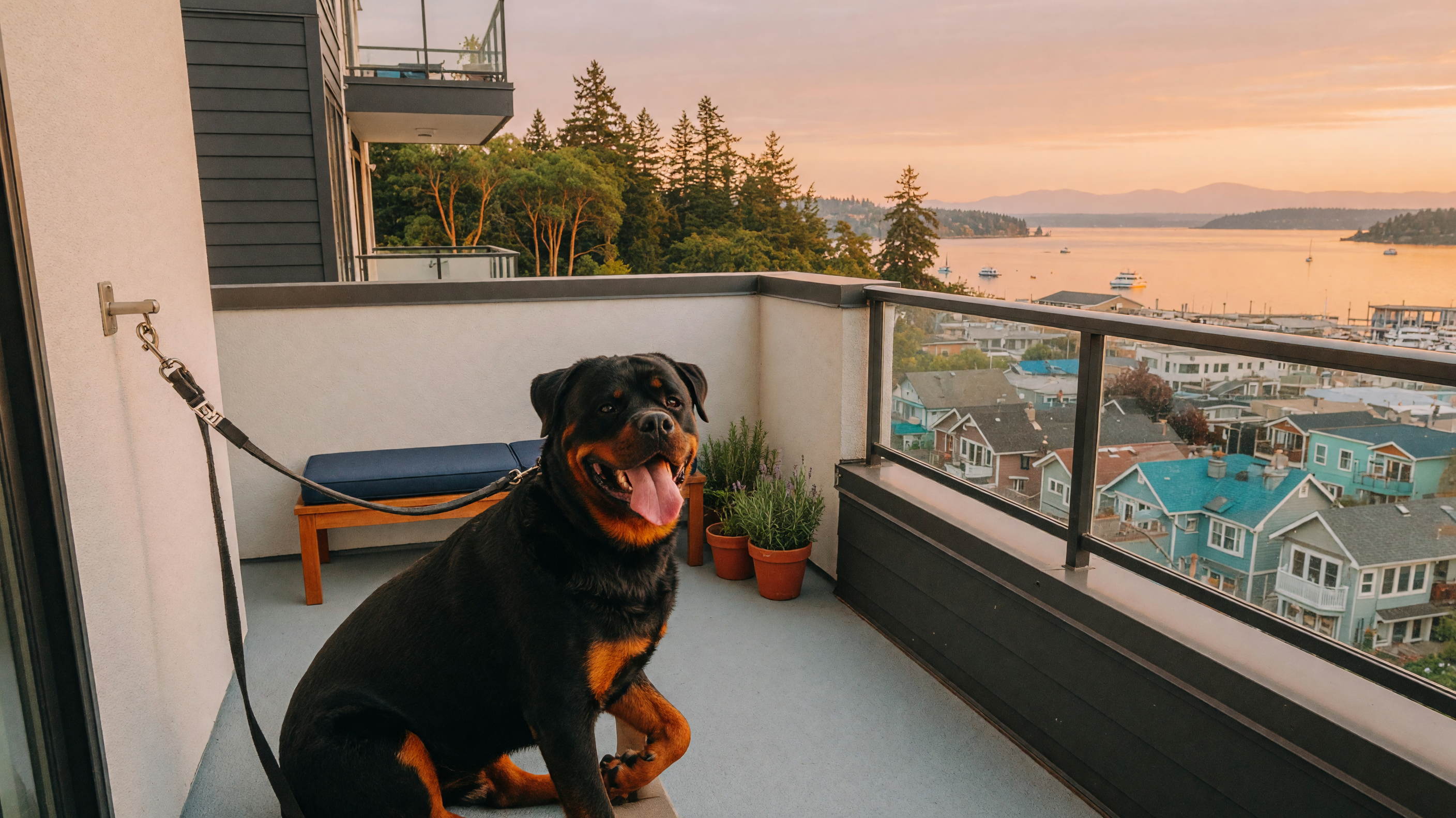 A Rottweiler dog relaxing on a modern condo balcony overlooking a Victoria neighbourhood with ocean views