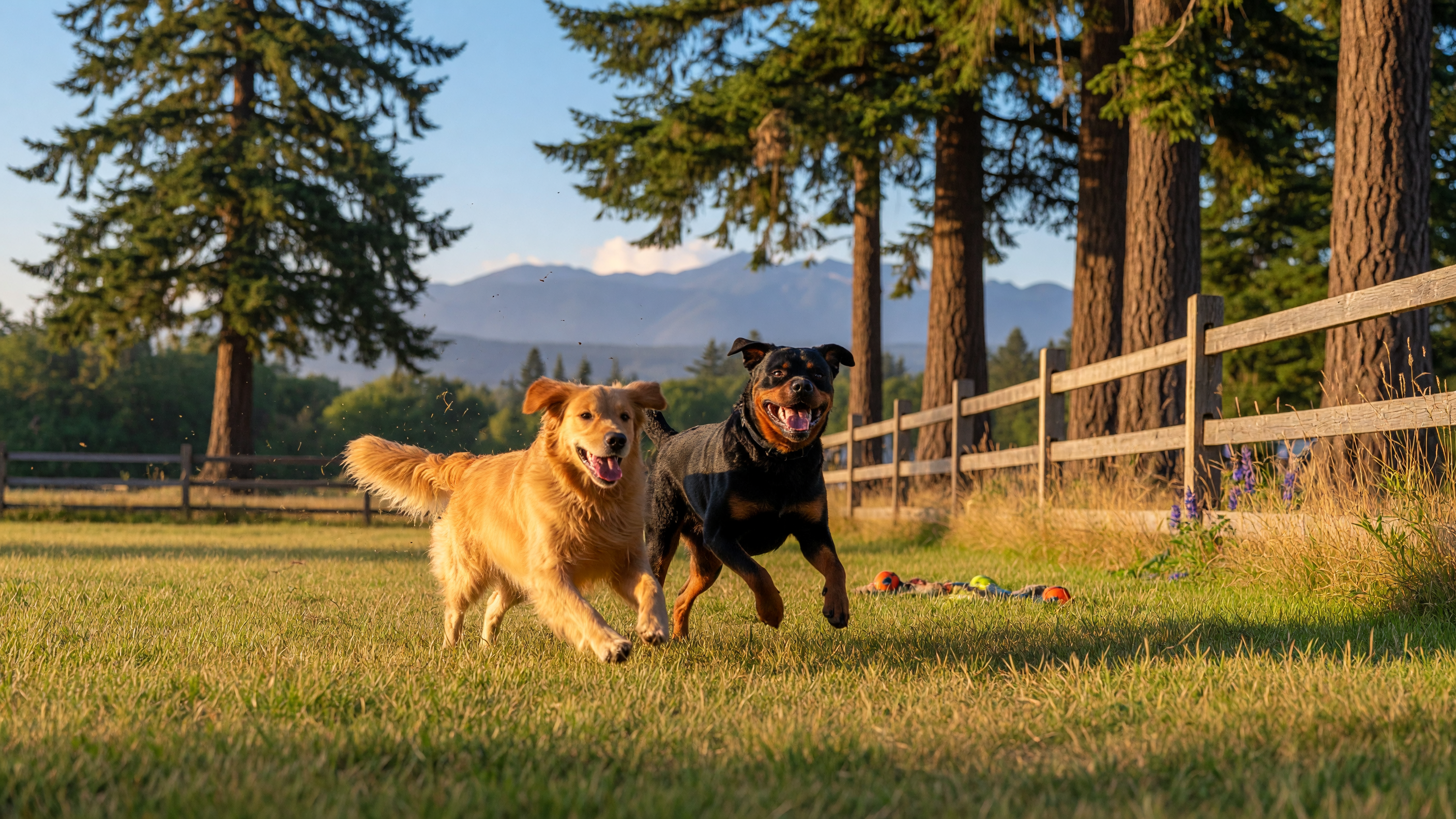 Dogs running freely in an off-leash park in Victoria BC with Douglas fir trees and mountains in the background