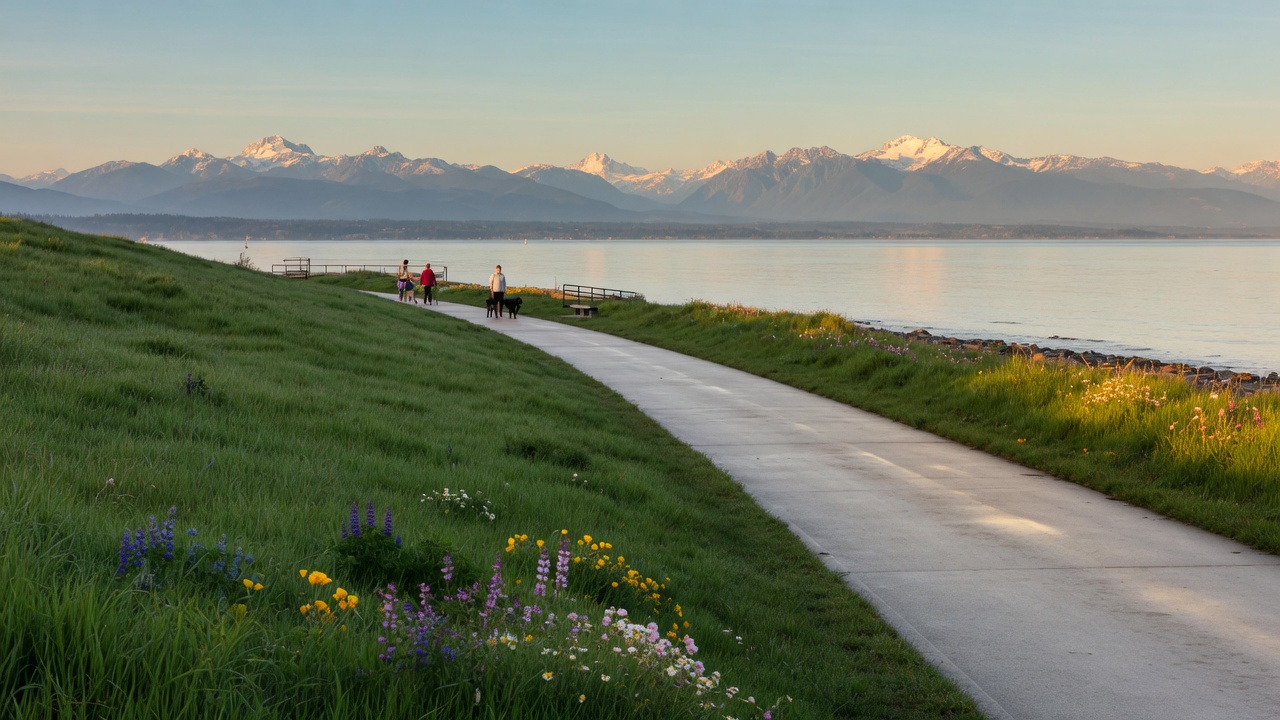Dallas Road waterfront walkway in Victoria BC with the Olympic Mountains in the distance