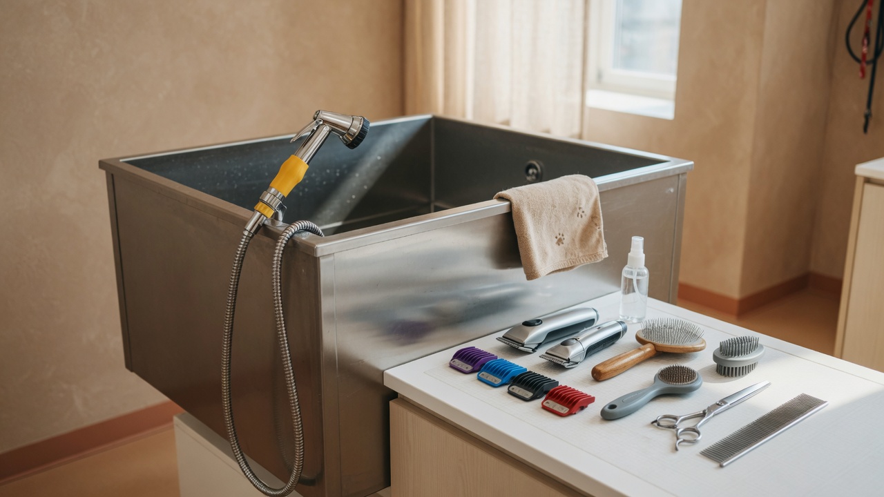 Professional dog grooming station in a clean pet salon with tools and tub