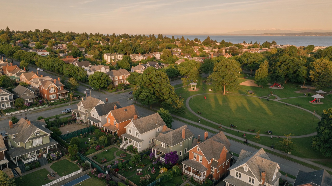 Aerial view of a Victoria BC residential neighborhood with tree-lined streets and green parks