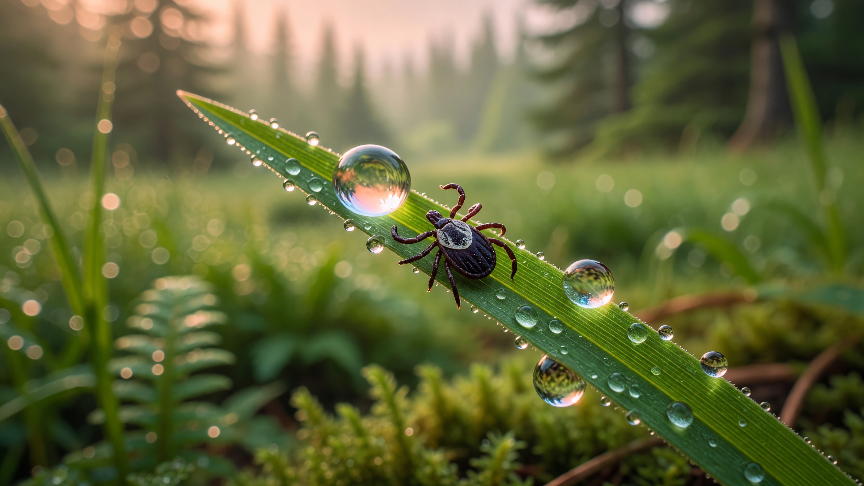 A close-up view of a tick on a blade of grass in a Pacific Northwest forest setting