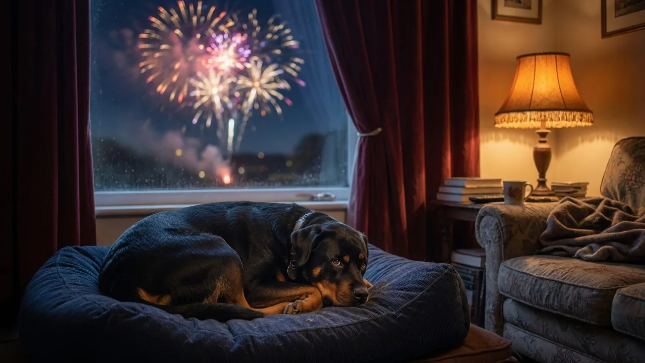 A Rottweiler resting on a dog bed in a cozy living room with fireworks visible through a window in the distance