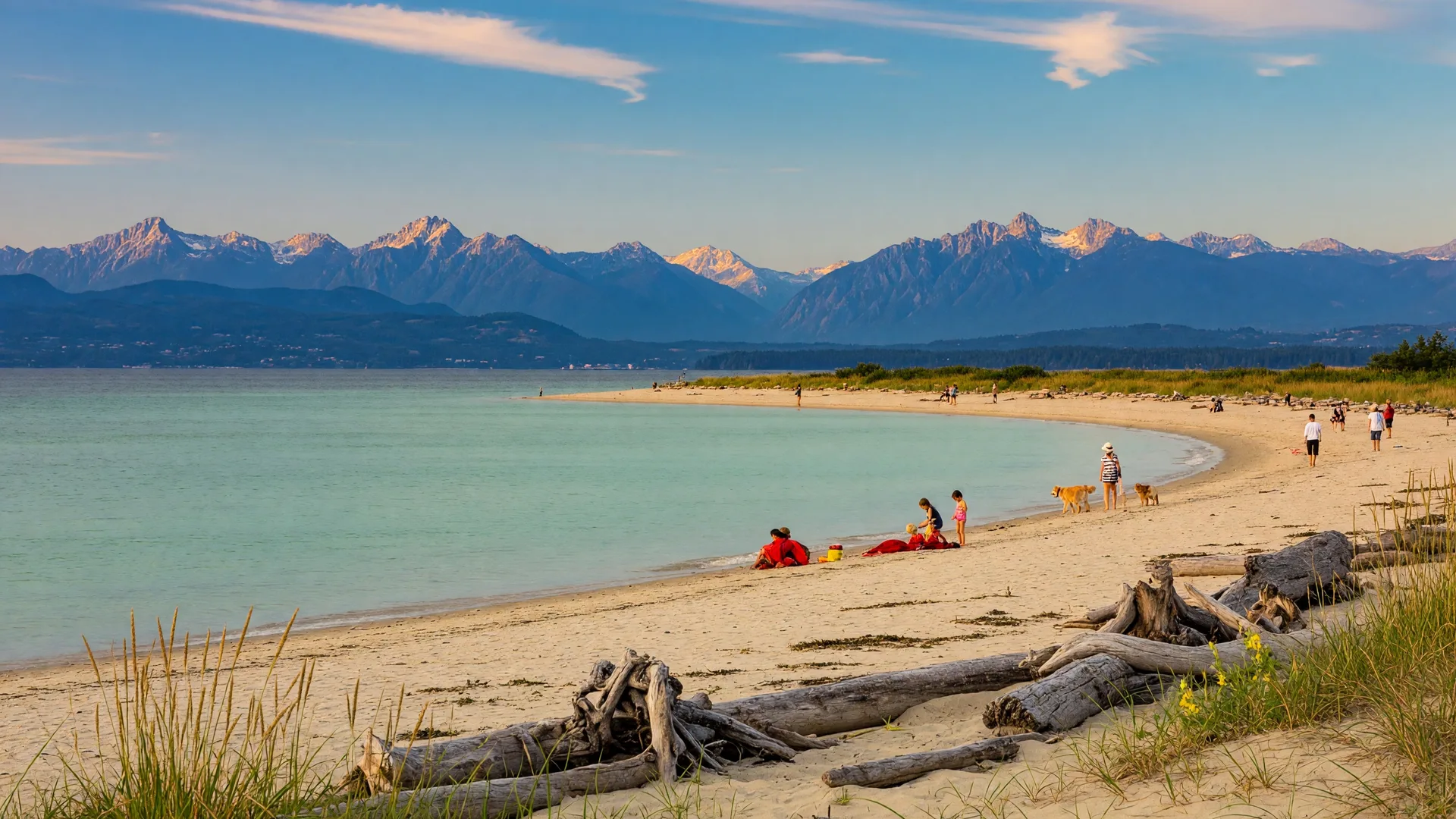 Willows Beach in Oak Bay with calm water and Olympic Mountain views