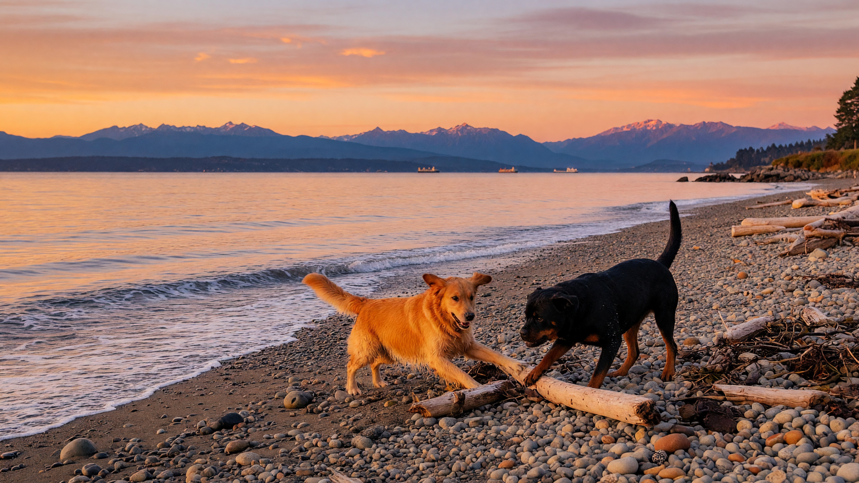 Dogs playing on a pebbly beach in Victoria BC at sunset with the Olympic Mountains in the background