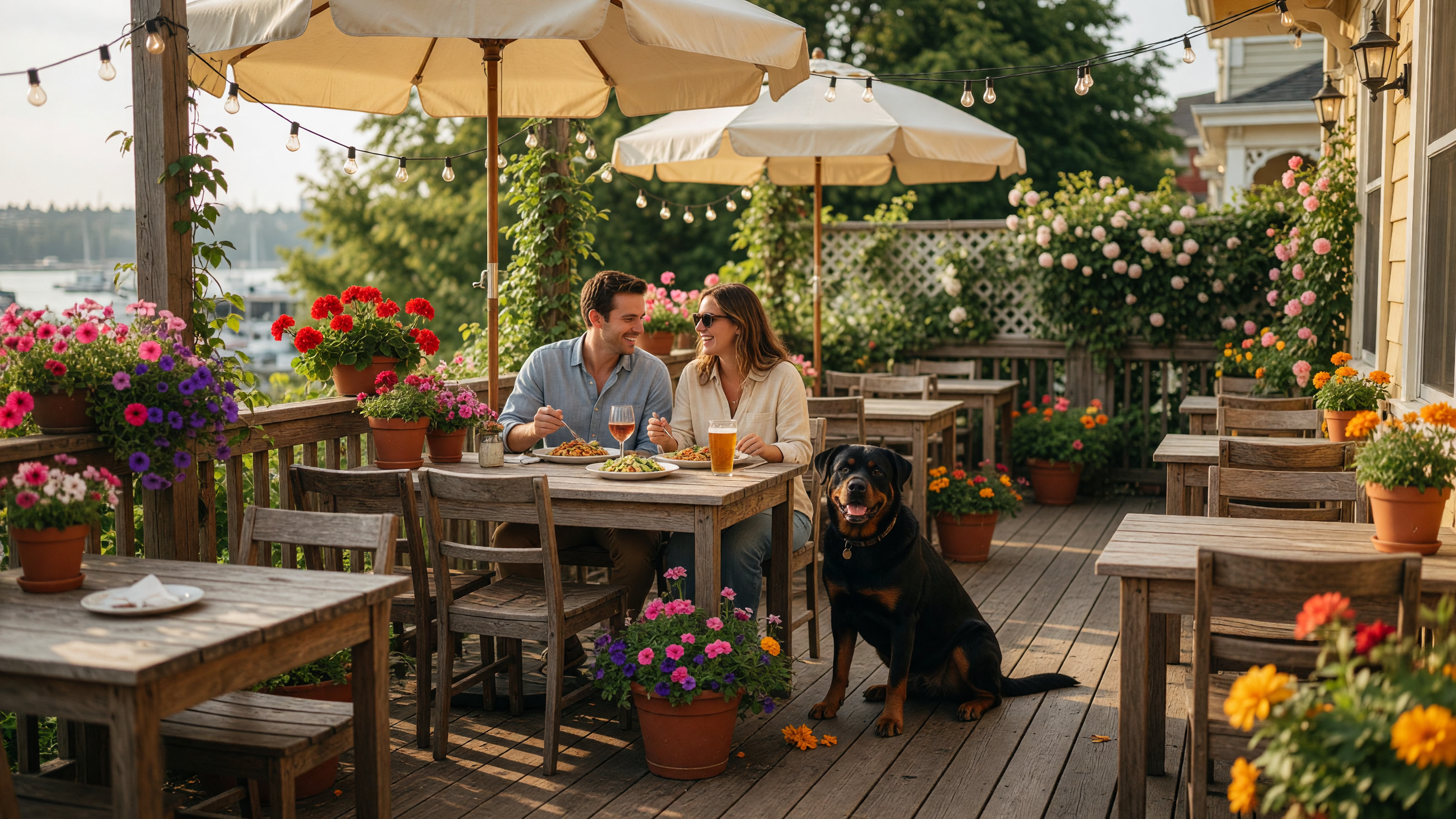 A sunny dog-friendly restaurant patio in Victoria BC with a couple enjoying a meal at a wooden deck, colorful flower pots overflowing on tables and railings, umbrellas, string lights, and their dog nearby