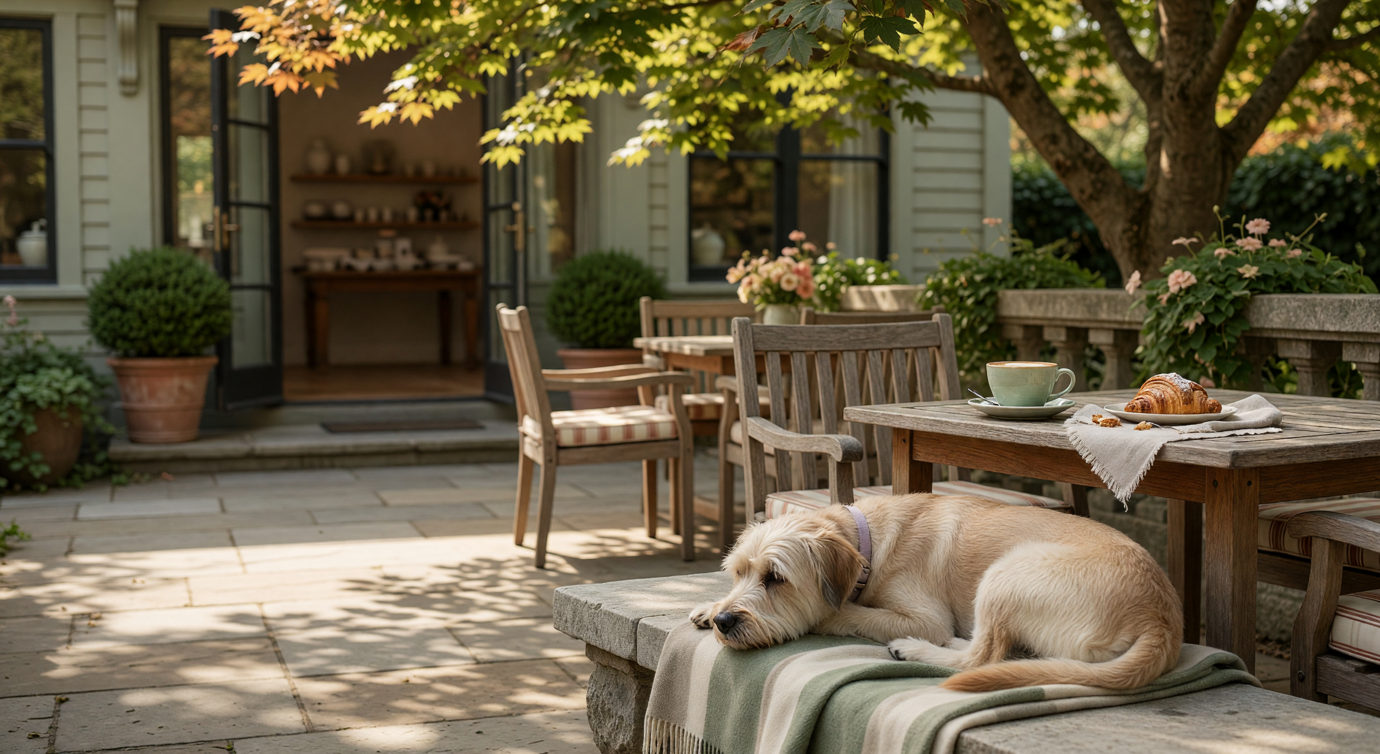 Luxurious outdoor boutique dog friendly cafe patio scene in Victoria