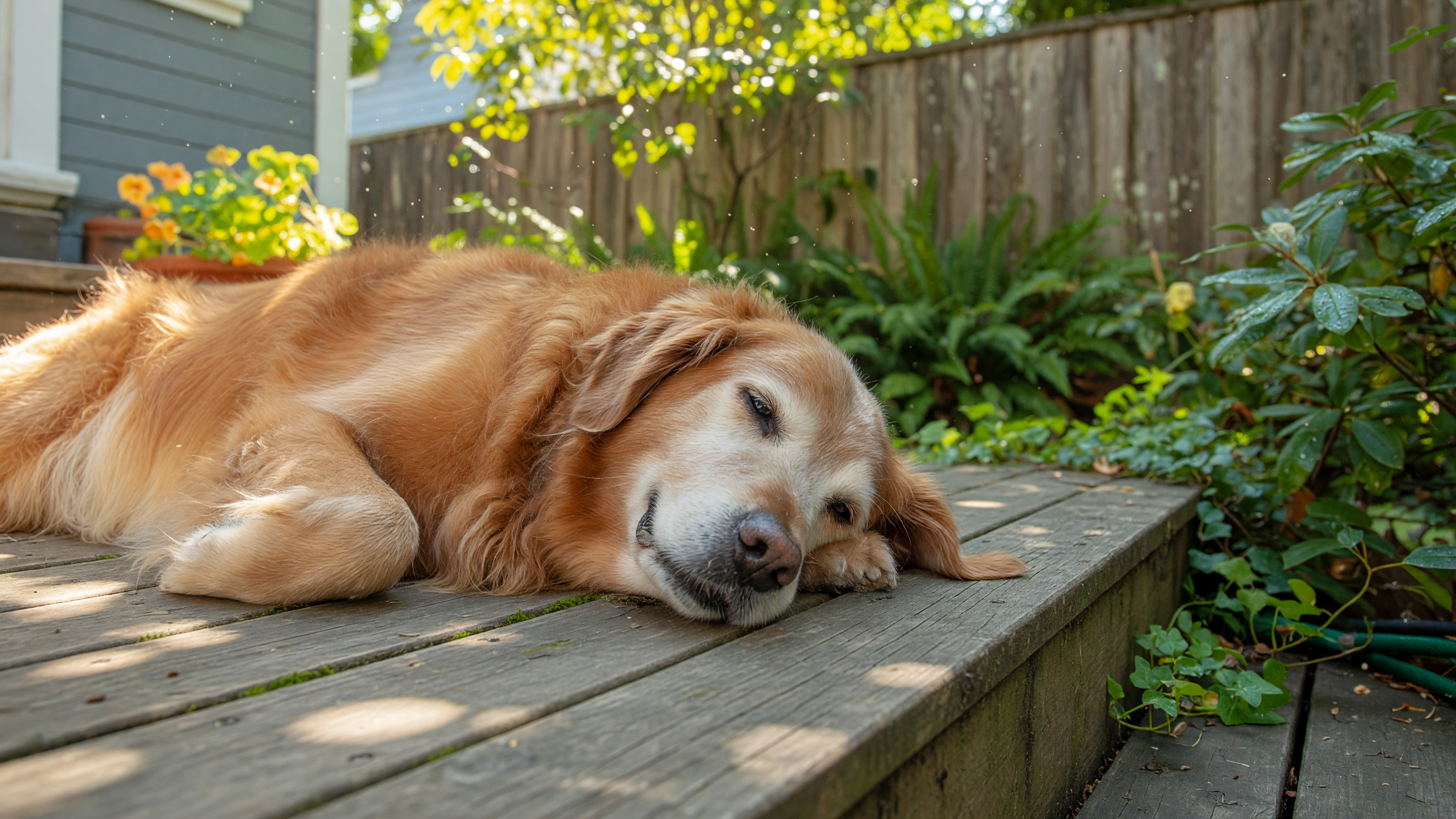 An elderly dog resting peacefully in a sun-dappled garden, enjoying the calm of a quiet Victoria neighbourhood