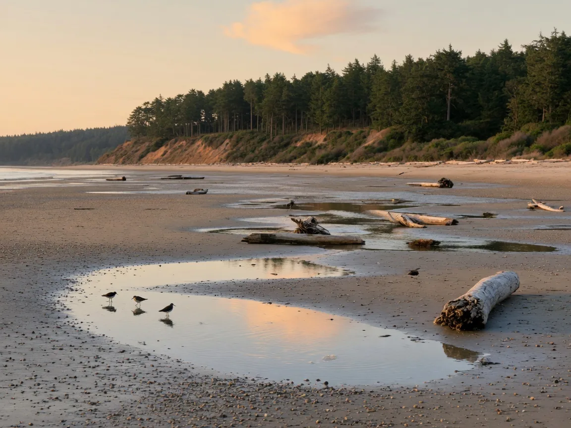Tidal flats and shallow pools at low tide on Parker Beach in Cordova Bay, with driftwood and a forested bluff in the background