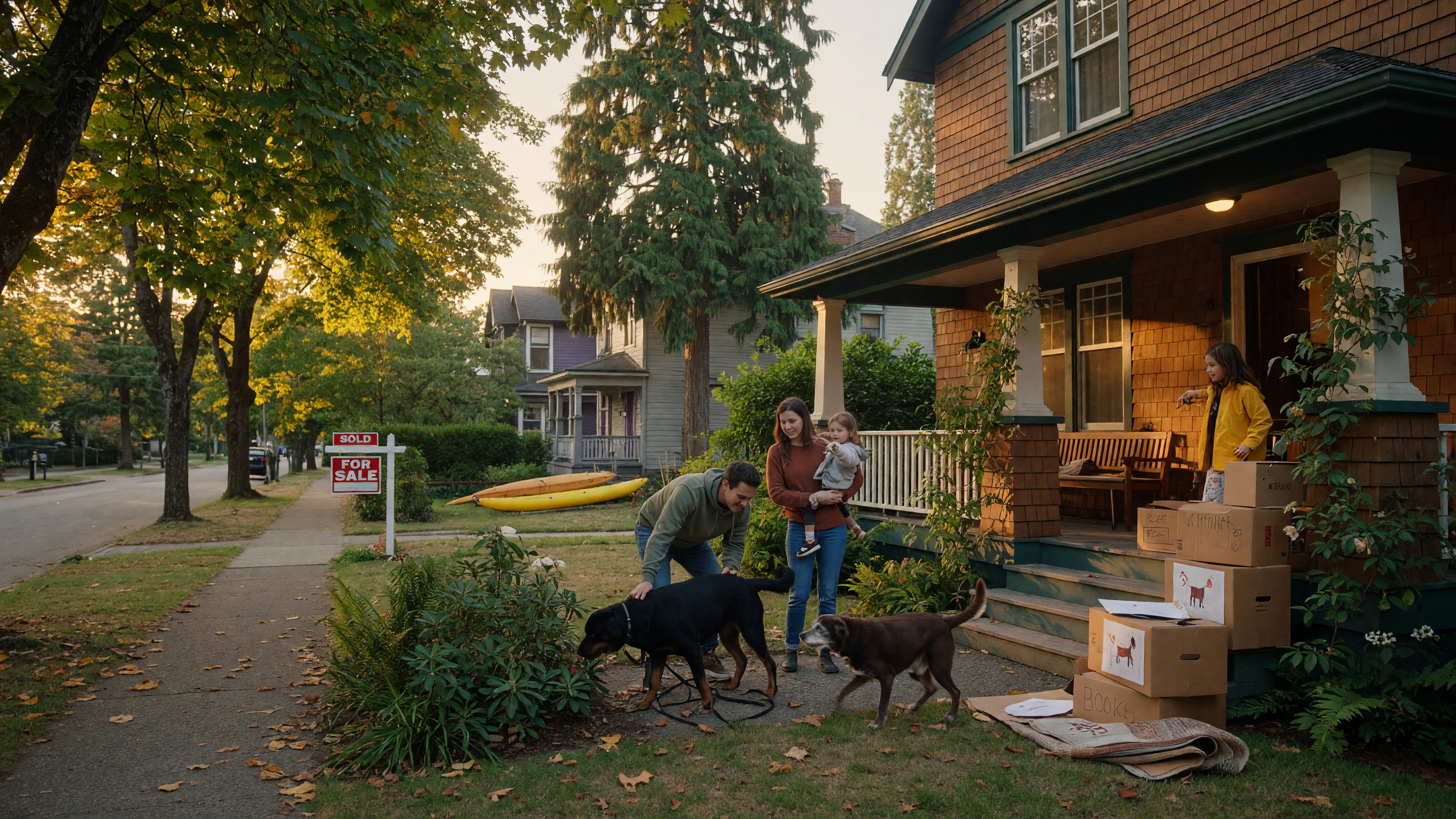 A family arriving at a new home in a leafy Victoria BC neighbourhood with two dogs exploring the front yard