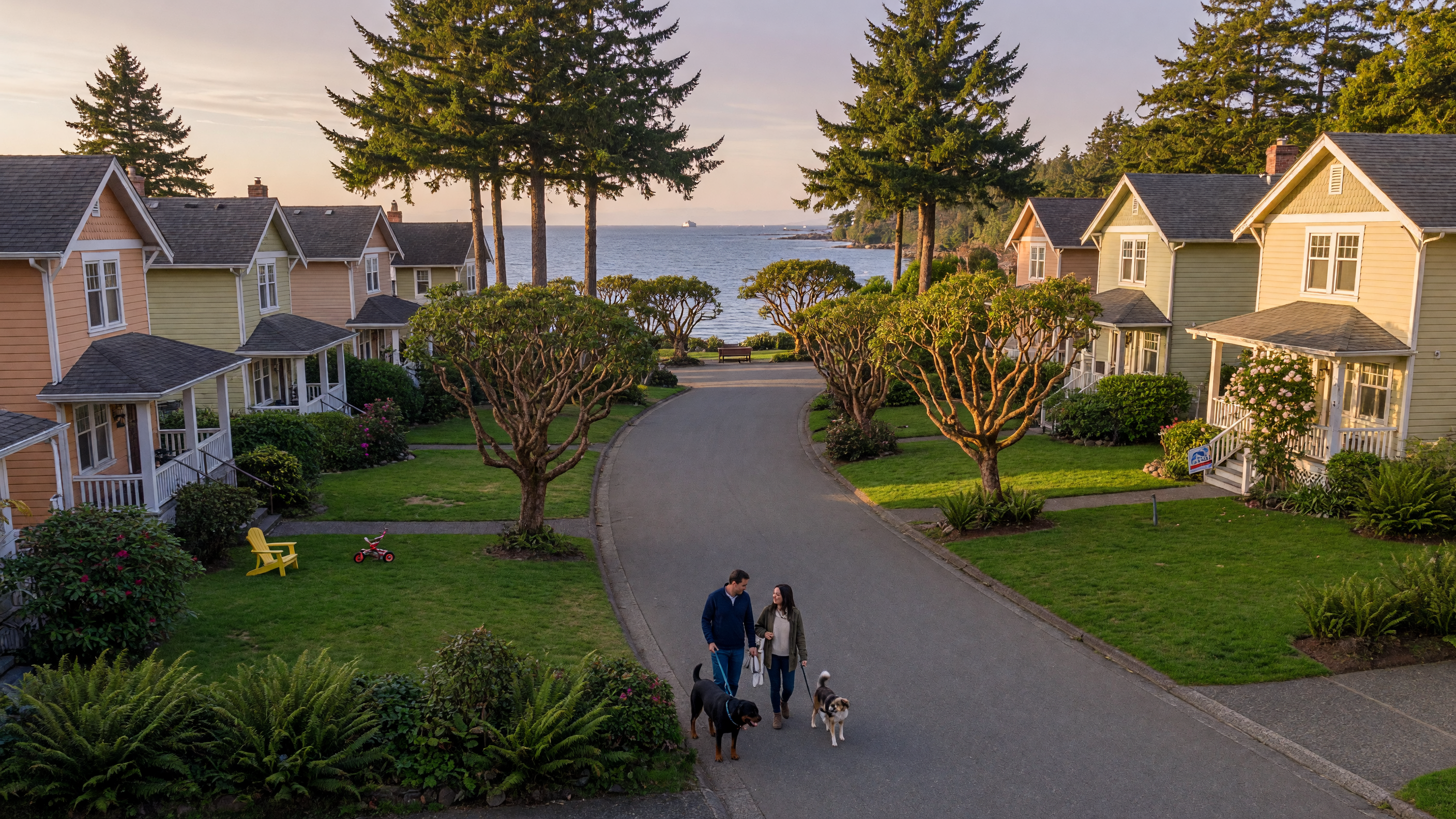 A couple walking their dogs through a beautiful tree-lined neighbourhood in Greater Victoria, BC