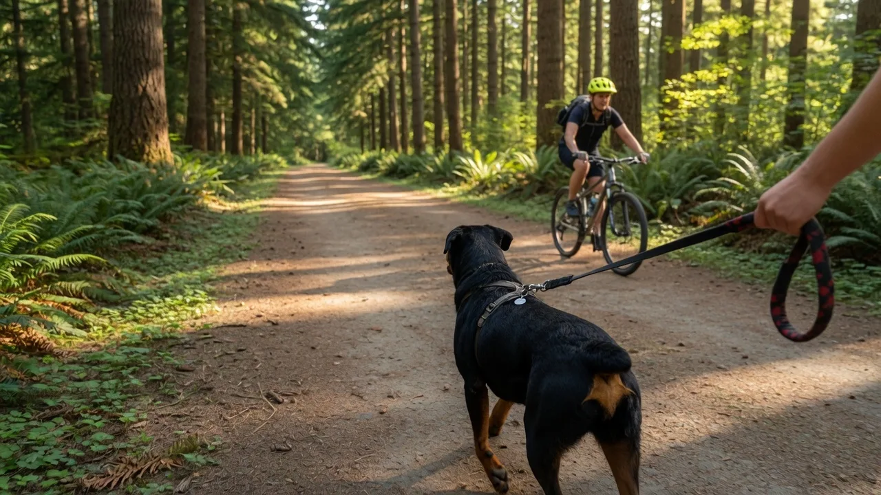 A Rottweiler on a leash walking a forested trail on a sunny summer morning with dappled light through the trees