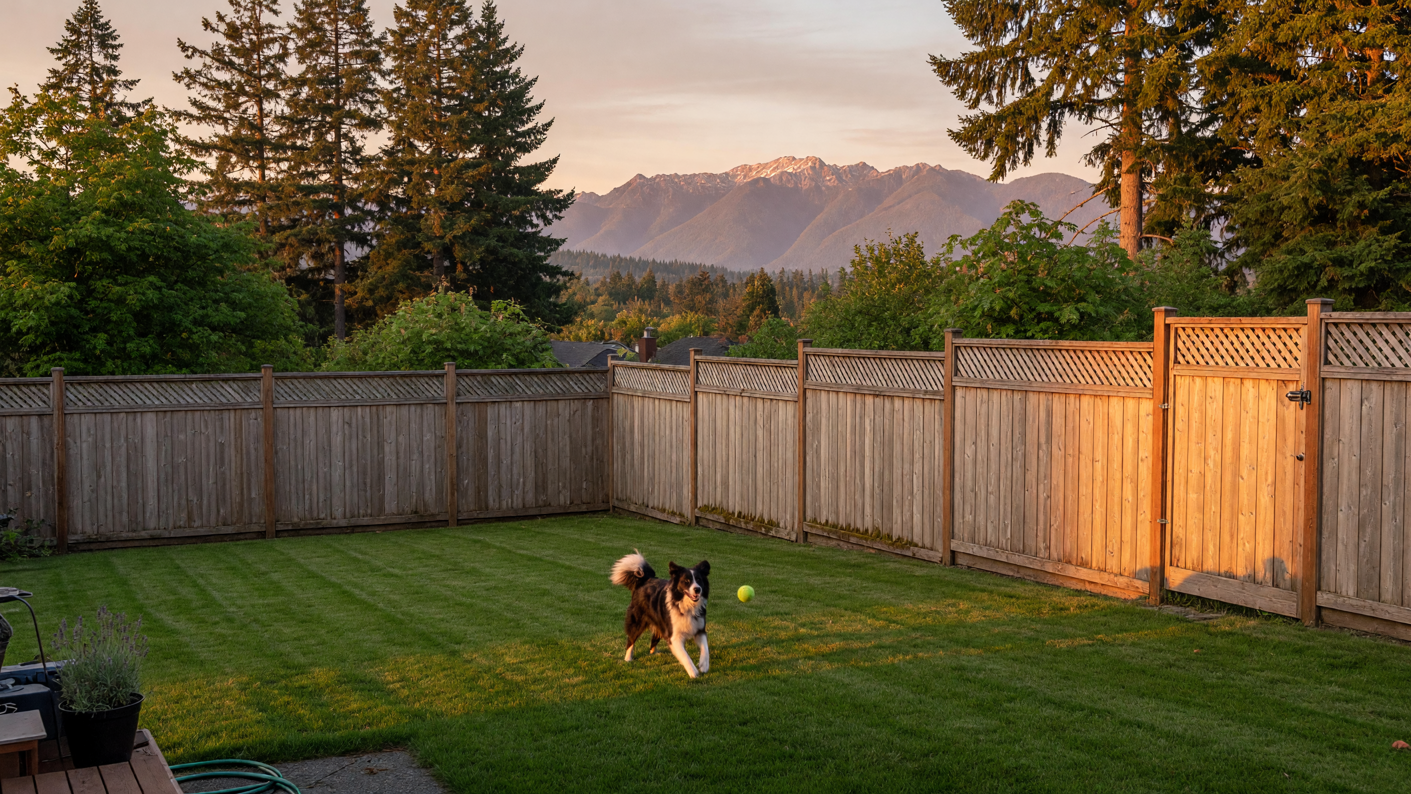 A dog-friendly fenced backyard in a Victoria BC neighbourhood with cedar privacy fencing and mountain views