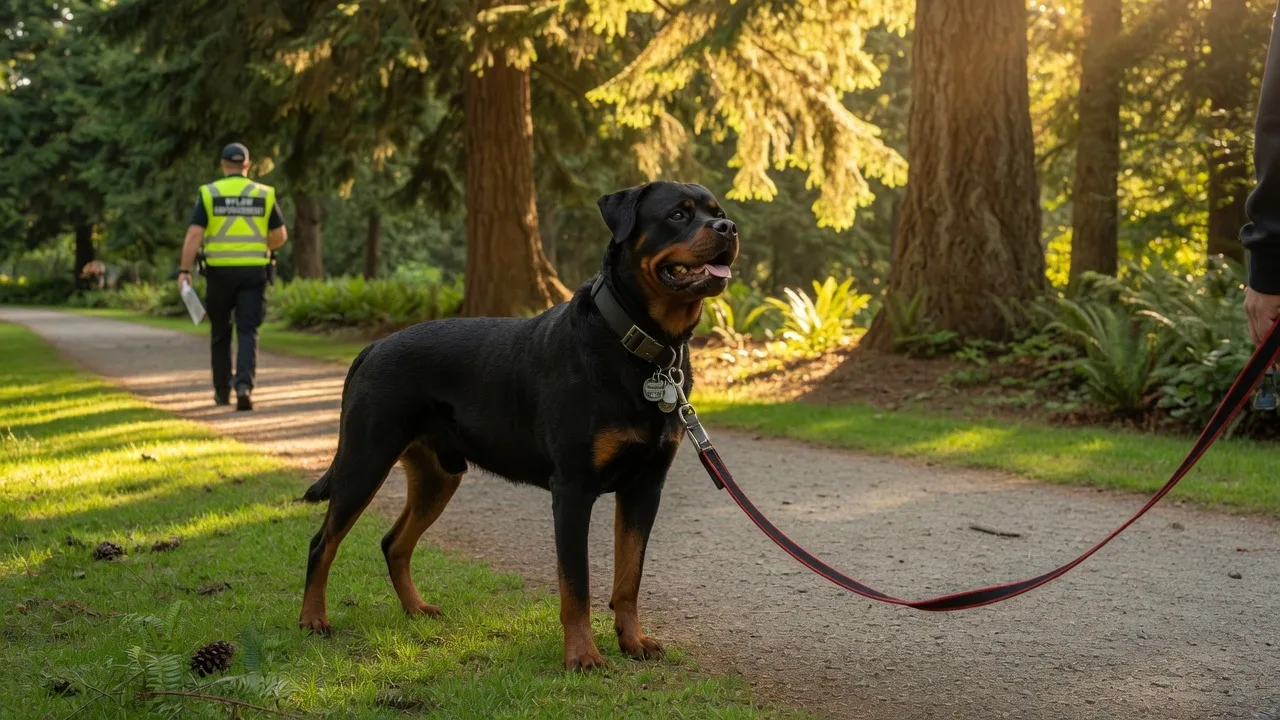 A Rottweiler on a fixed-length leash walking through a Greater Victoria park on a sunny summer day