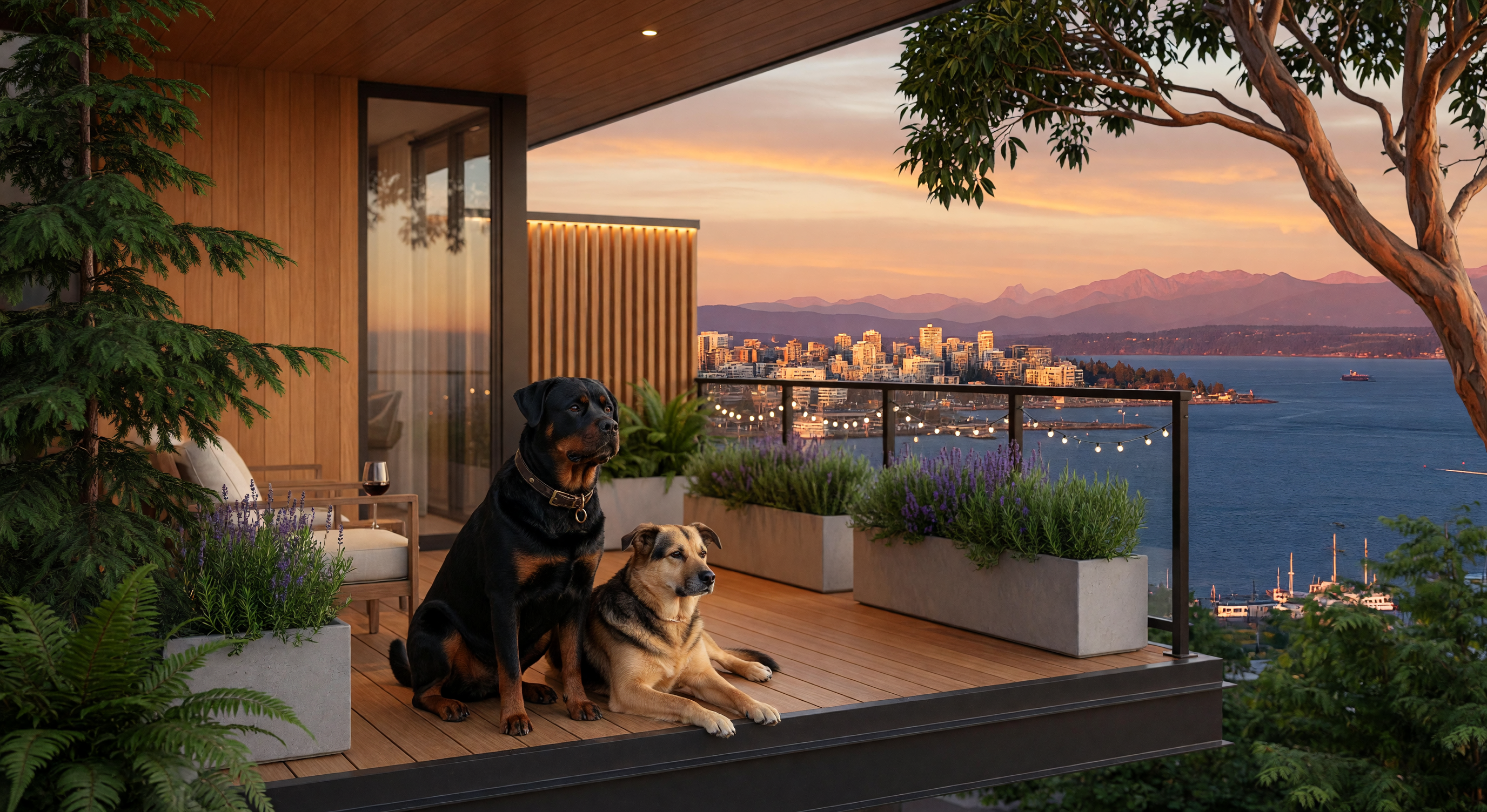 Dog-friendly condos in Greater Victoria with dogs on a balcony overlooking the waterfront