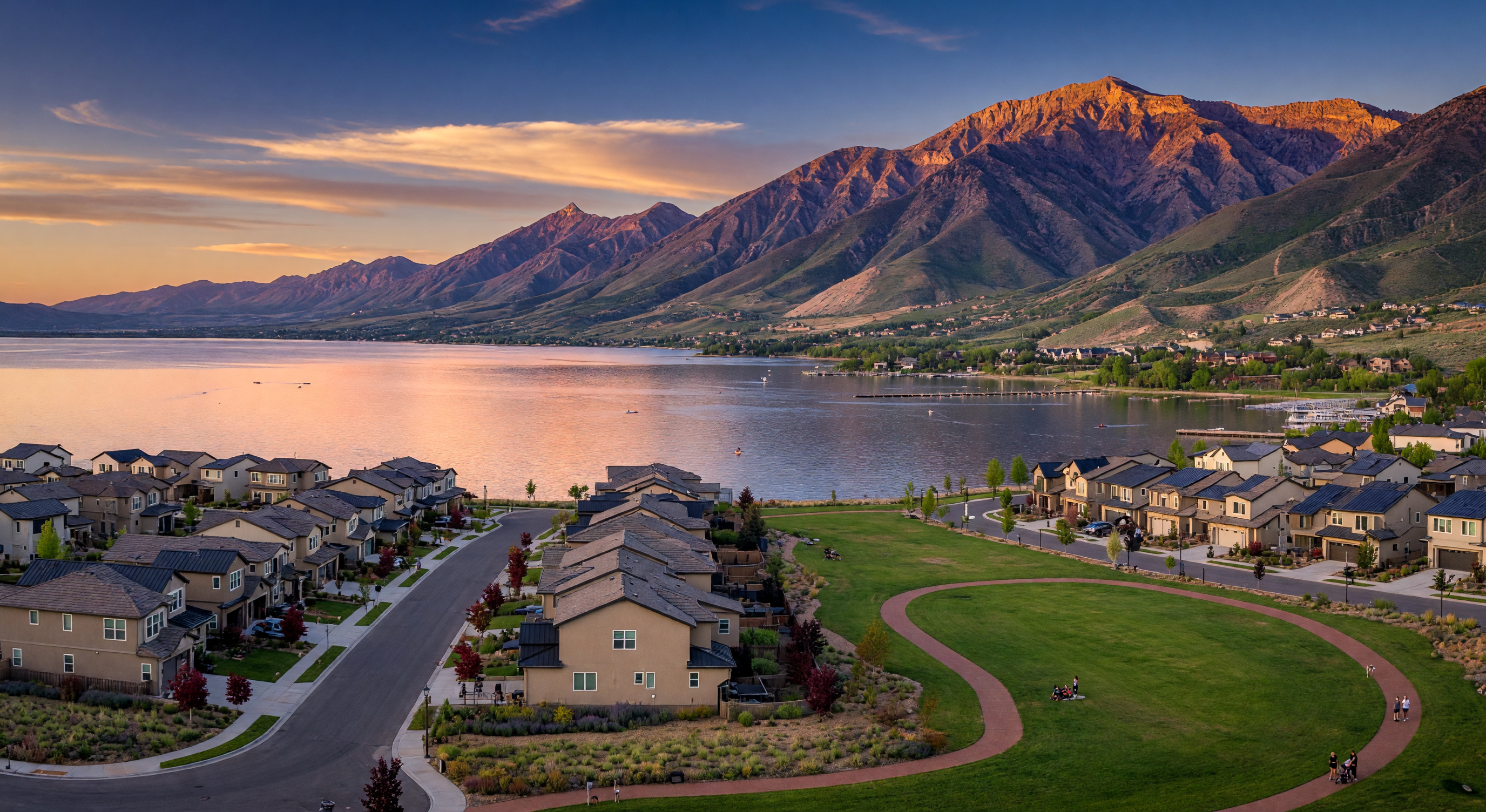 Saratoga Springs, Utah — master-planned homes with Utah Lake and mountain views at golden hour