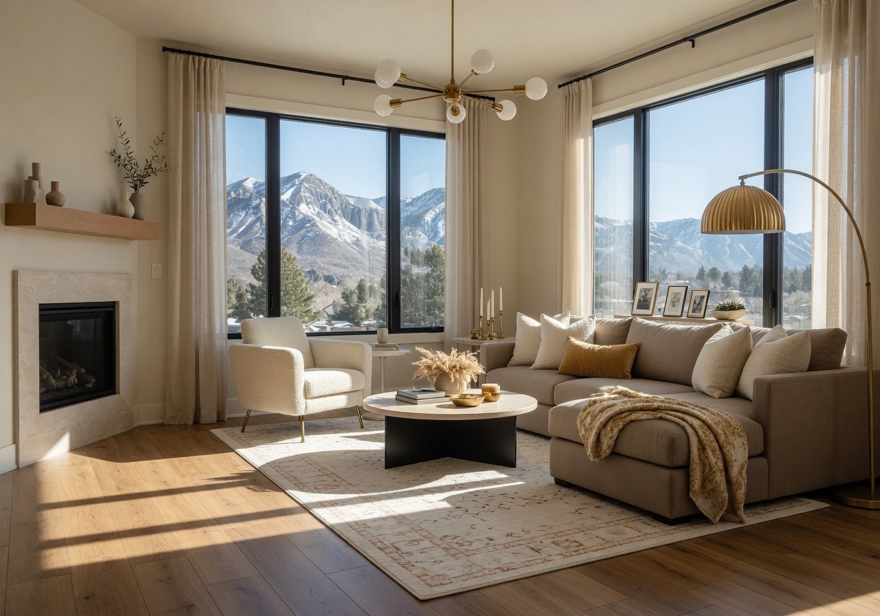 Elegant outdoor living space with mountain backdrop
