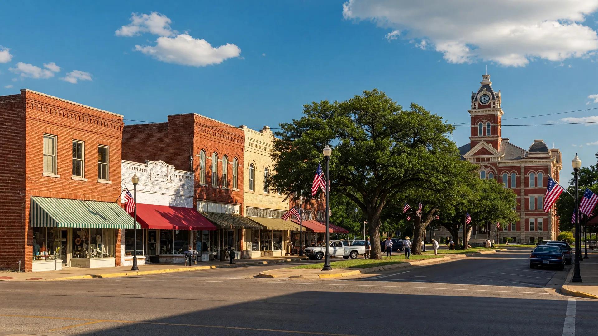 Historic downtown Bonham, Texas, with a classic courthouse square, brick storefronts, and American flags on a bright summer afternoon