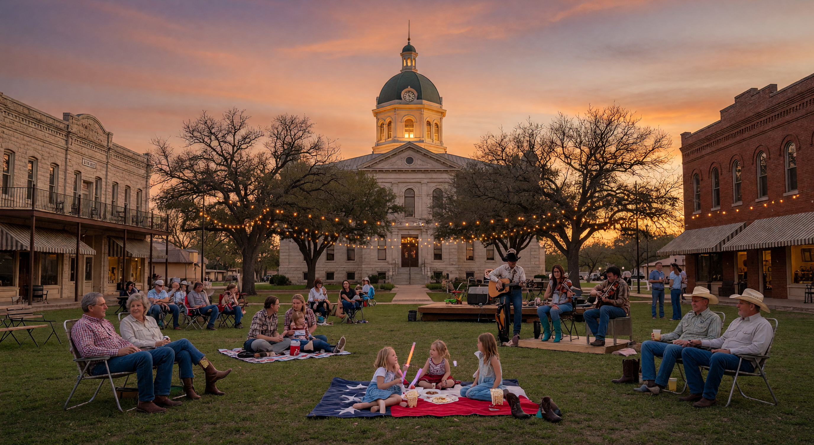 Outdoor evening concert on a small-town Texas courthouse square at sunset with string lights and families