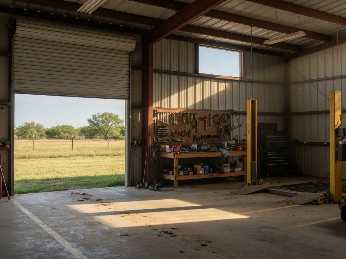 Interior of a large metal workshop with concrete floor, high ceiling, and open garage door revealing a rural Texas landscape