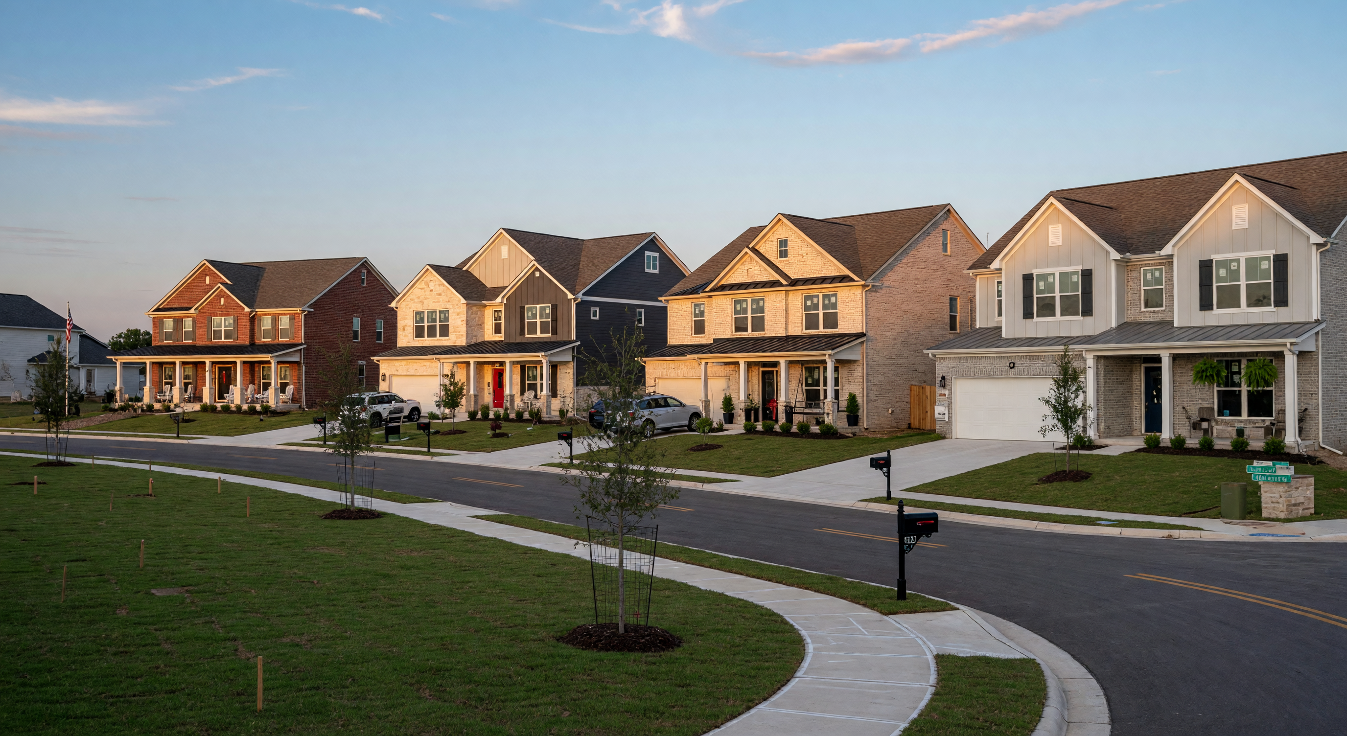 Newly constructed homes lining a clean street in Forestbrook Estates, a master-planned community in Paris, Texas