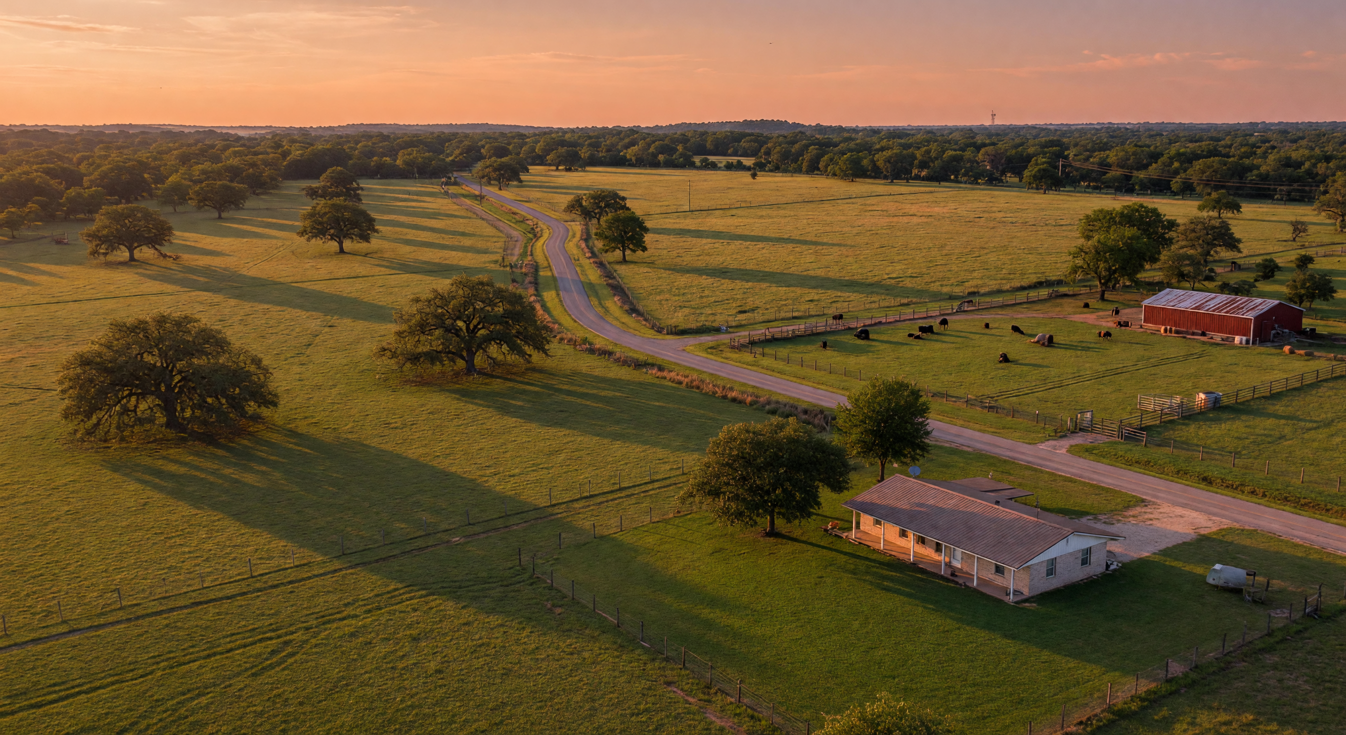 Rolling green pastures with scattered live oak trees and a ranch-style home on acreage in Lamar County, Texas at golden hour