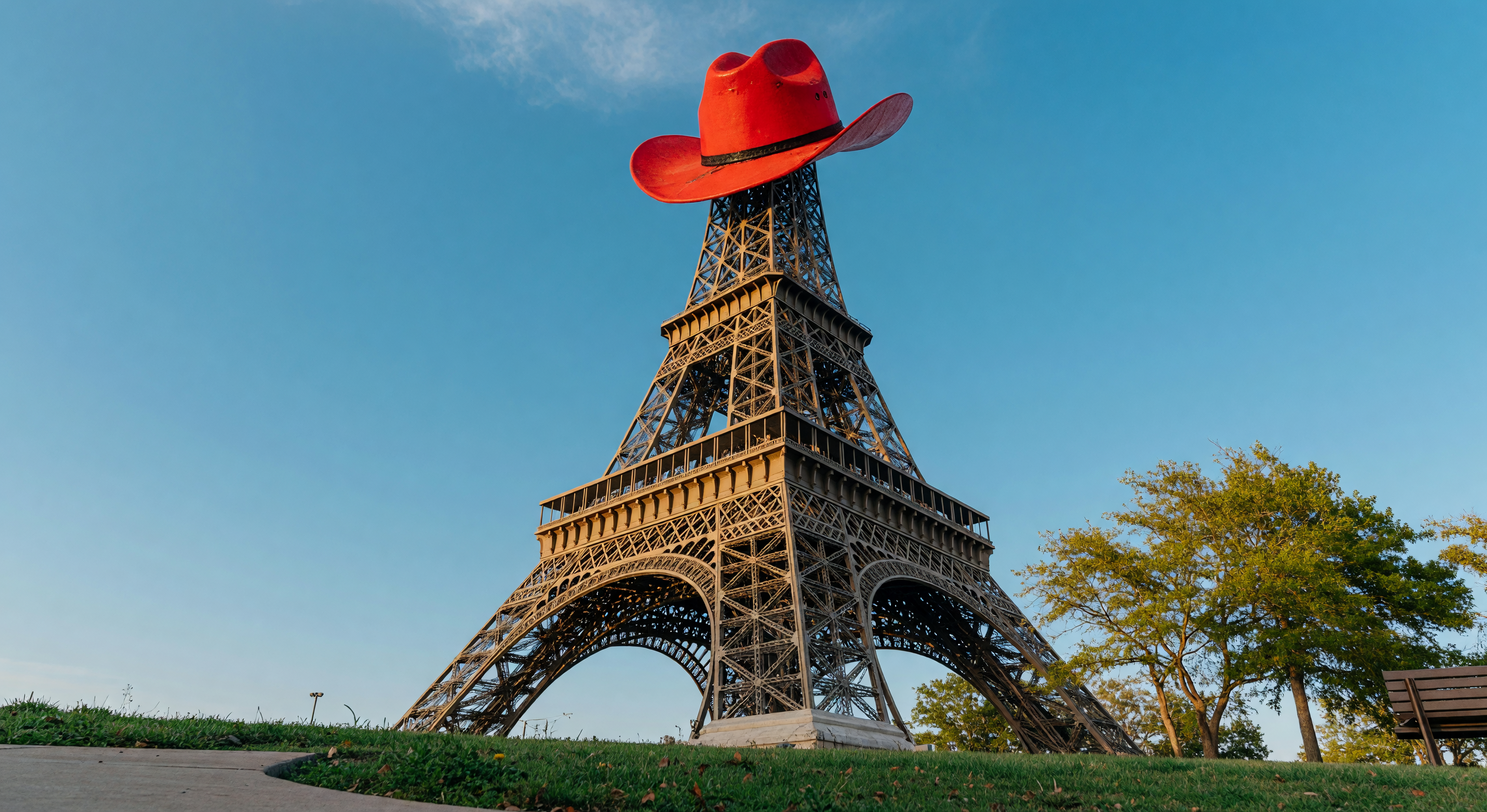 The Paris, Texas Eiffel Tower replica topped with a red cowboy hat, an iconic landmark of the community