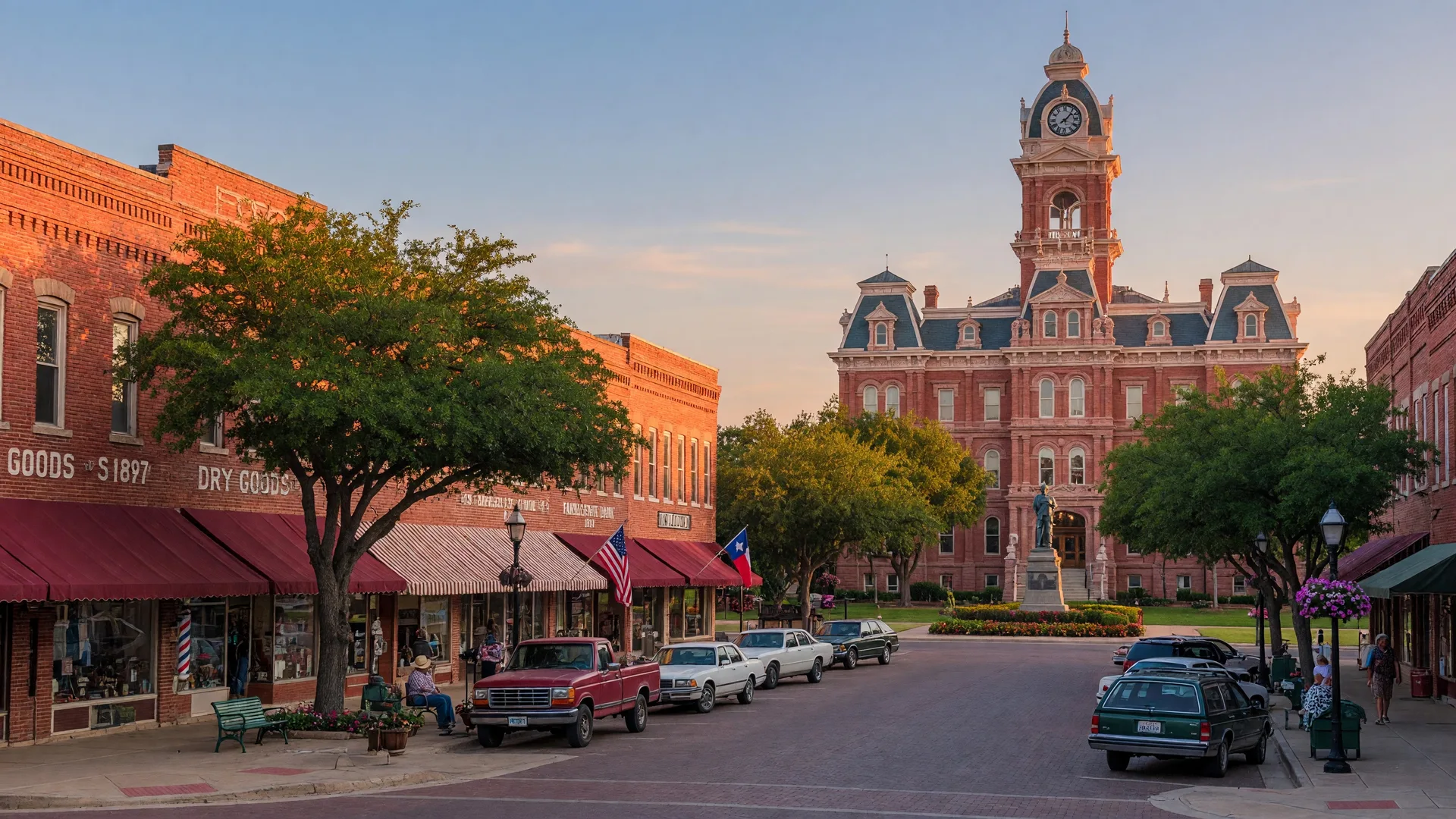 A charming small-town Texas downtown square at golden hour with historic red brick storefronts, awnings, and a red granite courthouse in the background