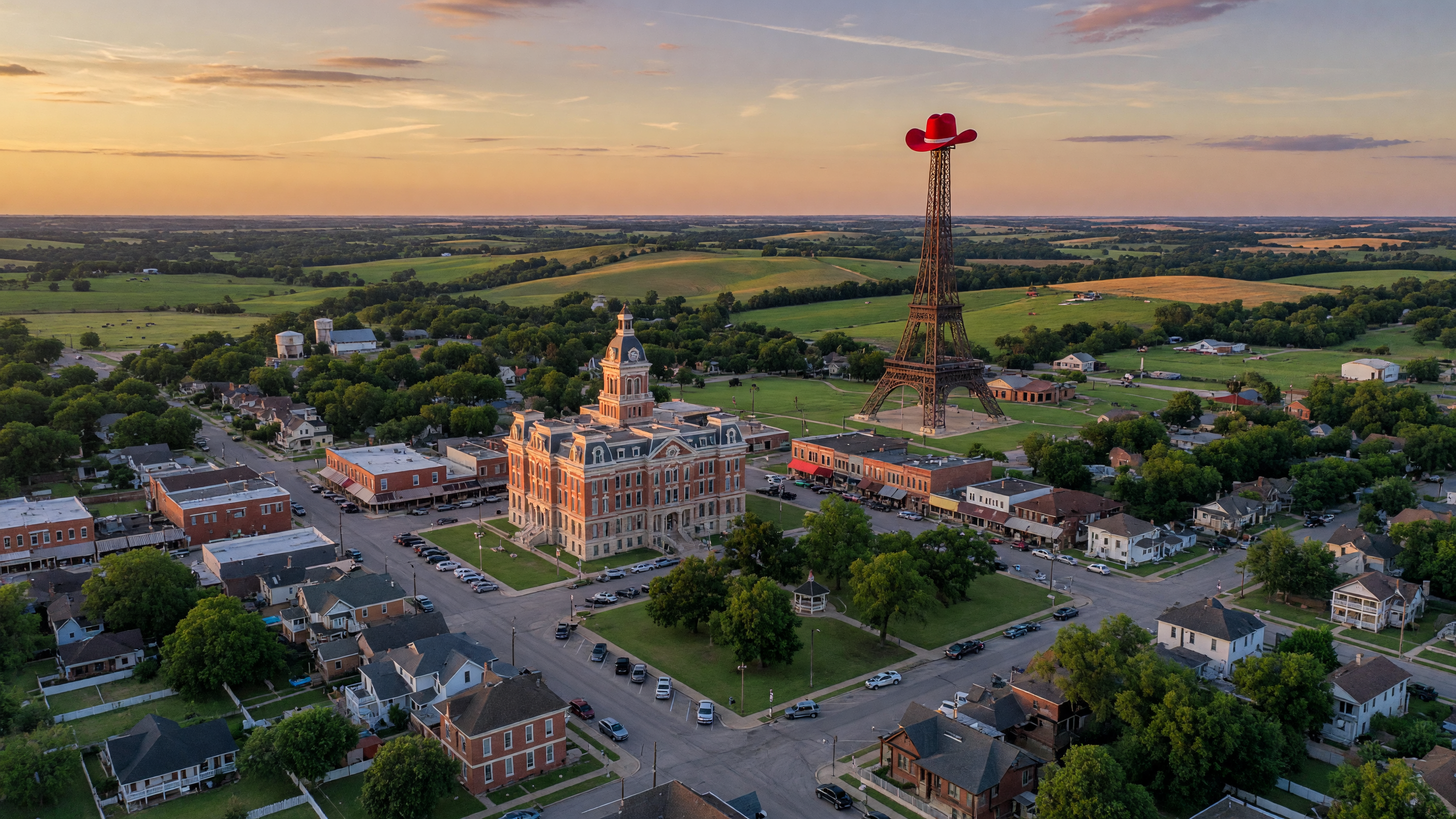 Aerial view of Paris, Texas at golden hour showing the historic downtown square, tree-lined streets, and rolling Northeast Texas countryside