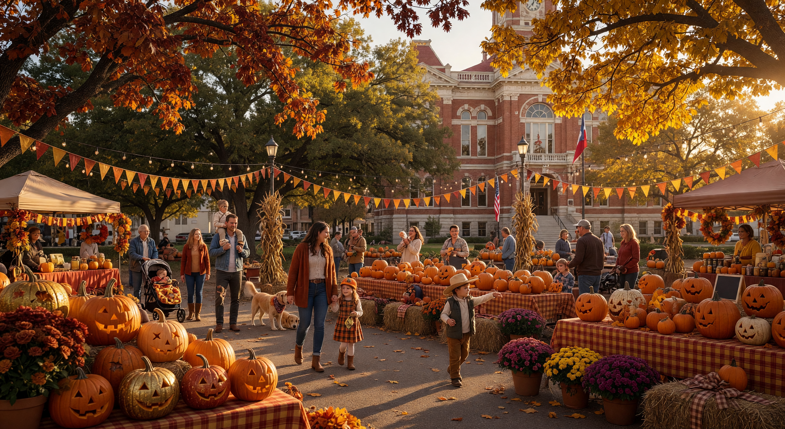 A vibrant autumn festival scene on a small-town Texas courthouse square with decorated pumpkins, families, and fall decorations